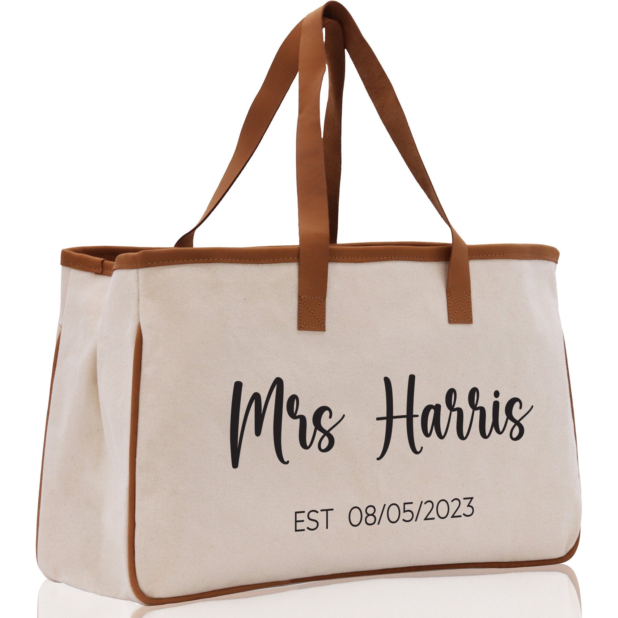 Mrs. Last Name Est Year Tote Bag Personalized Date Wedding Tote Bridal Shower Gift Honeymoon Gift Customized Wedding Gift Bridesmaid Gift