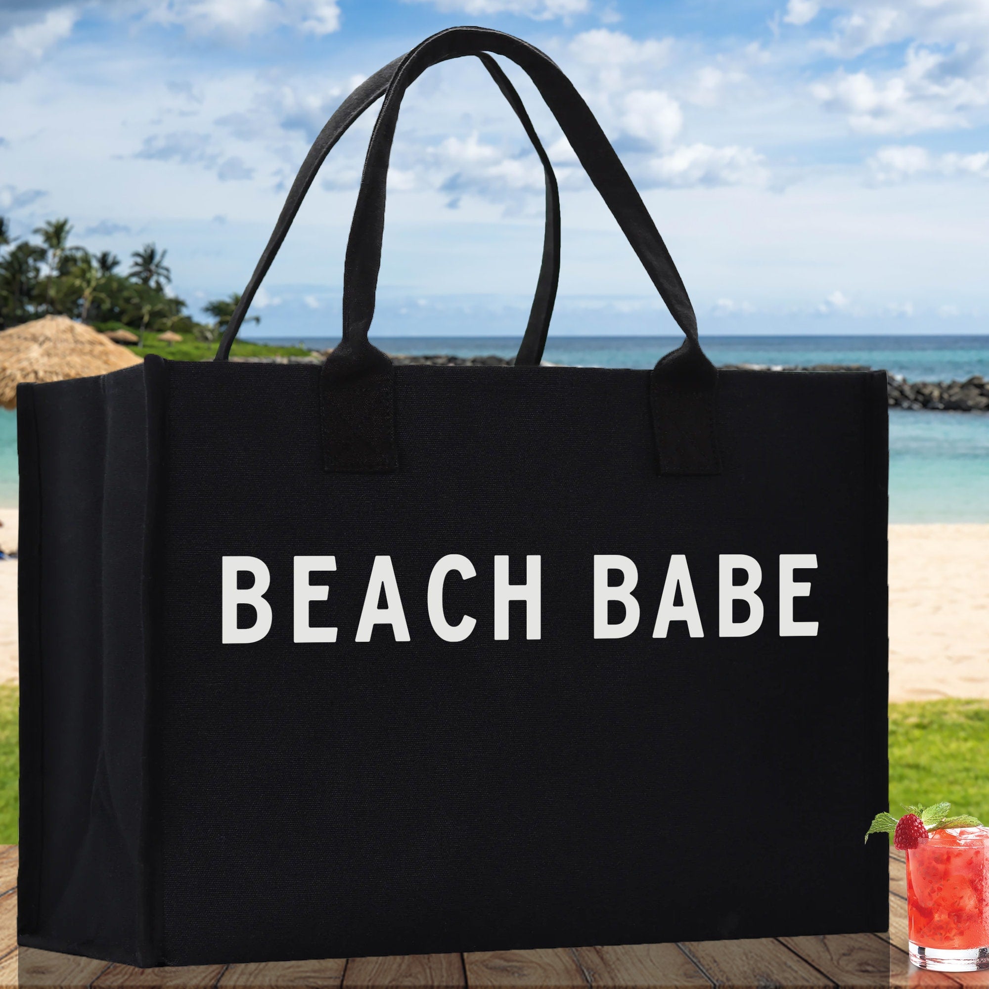 Beach Babe Cotton Canvas Chic Beach Tote Bag Multipurpose Tote Weekender Tote Gift for Her Outdoor Tote Vacation Tote Large Beach Bag