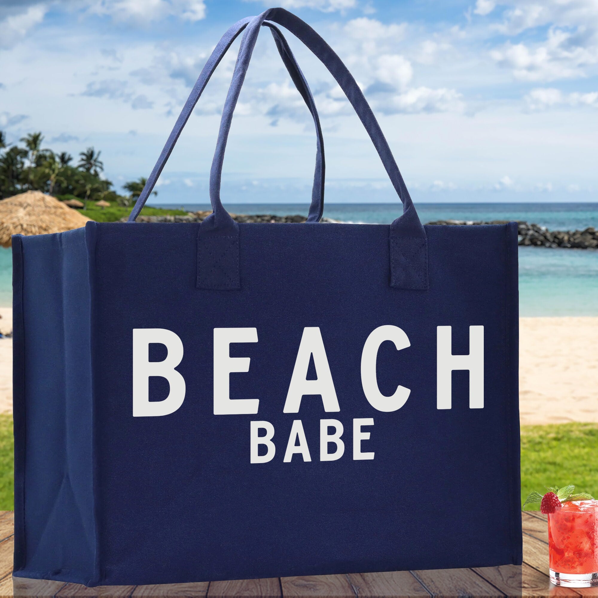 Beach Babe Cotton Canvas Chic Beach Tote Bag Multipurpose Tote Weekender Tote Gift for Her Outdoor Tote Vacation Tote Large Beach Bag