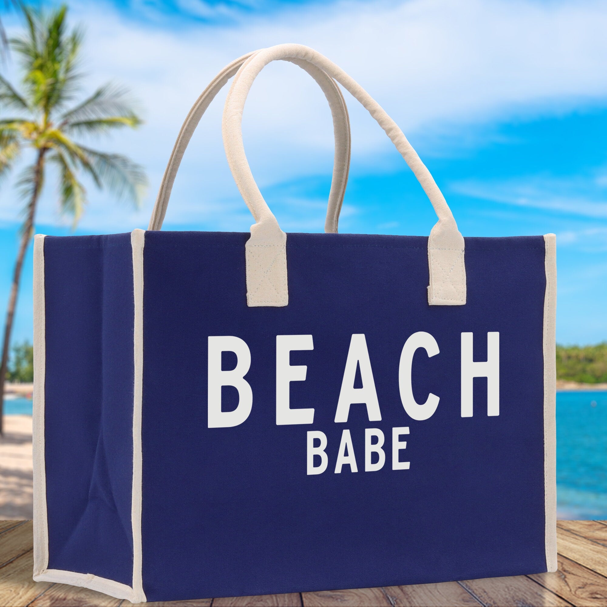 Beach Babe Cotton Canvas Chic Beach Tote Bag Multipurpose Tote Weekender Tote Gift for Her Outdoor Tote Vacation Tote Large Beach Bag