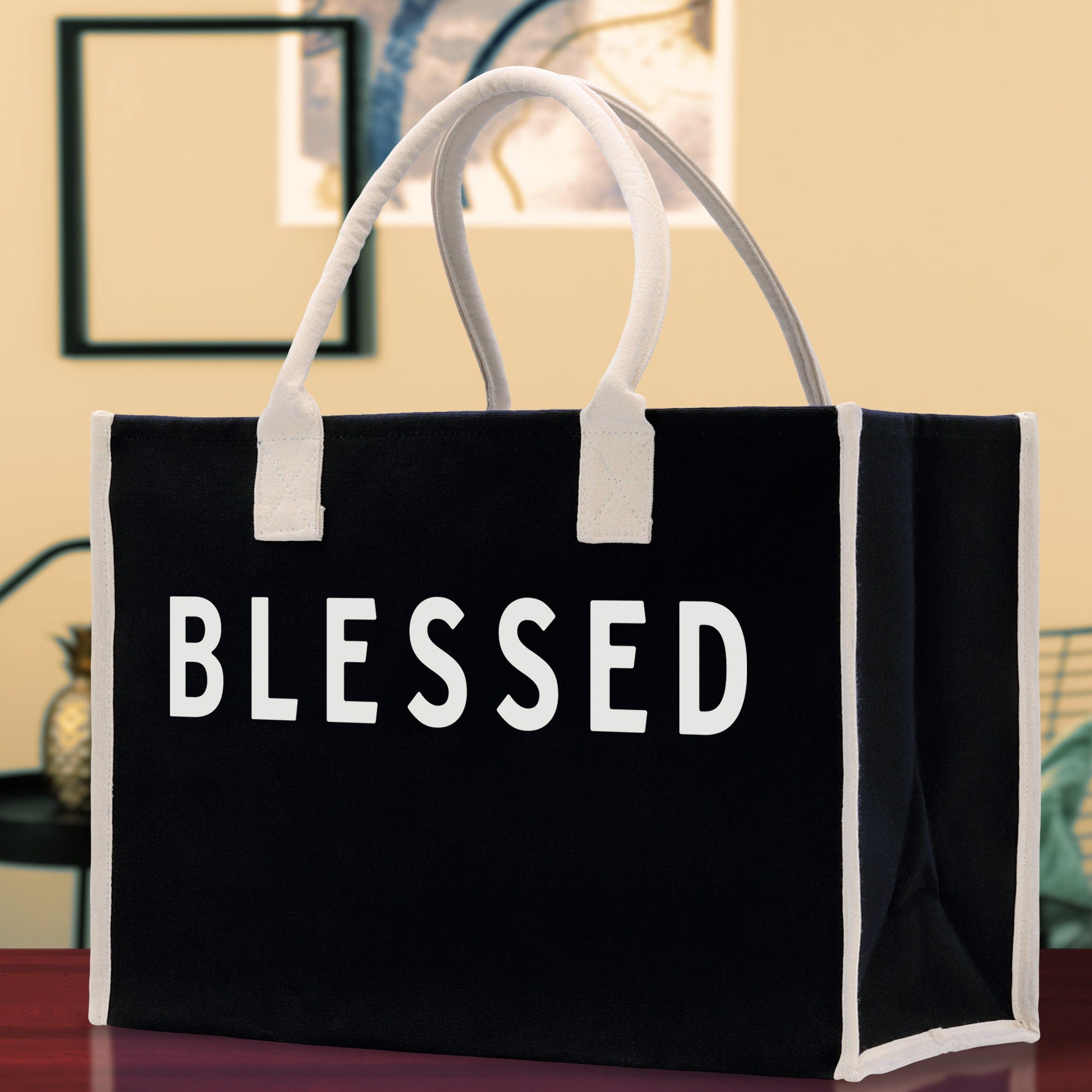 Blessed Cotton Canvas Chic Beach Tote Bag Multipurpose Tote Weekender Tote Gift for Her Outdoor Tote Vacation Tote Large Beach Bag