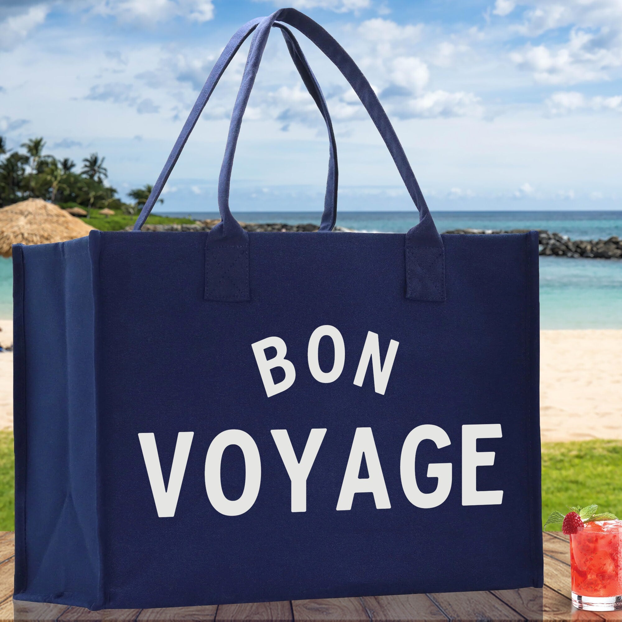 Bon Voyage Cotton Canvas Chic Beach Tote Bag Multipurpose Tote Weekender Tote Gift for Her Outdoor Tote Vacation Tote Large Beach Bag