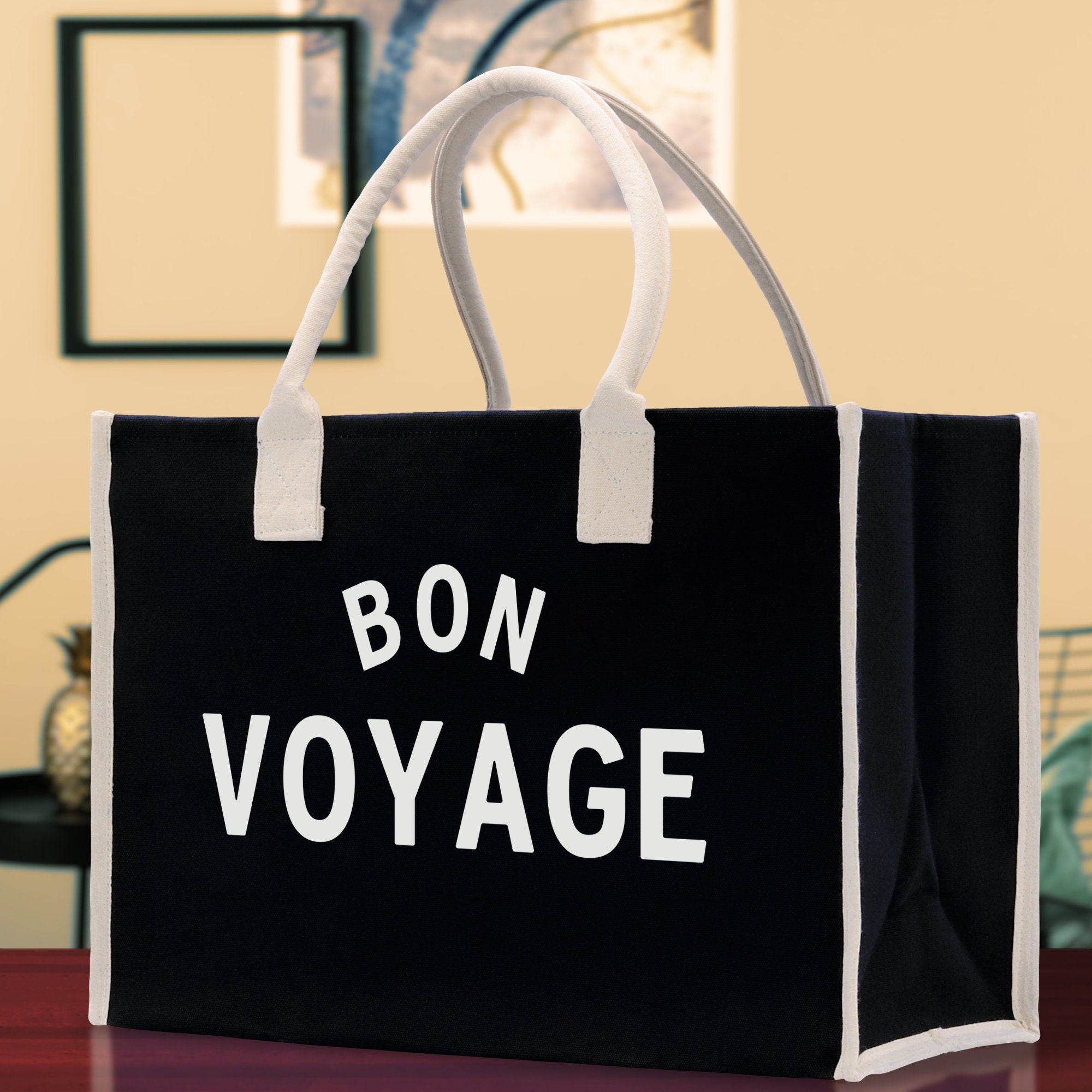 Bon Voyage Cotton Canvas Chic Beach Tote Bag Multipurpose Tote Weekender Tote Gift for Her Outdoor Tote Vacation Tote Large Beach Bag