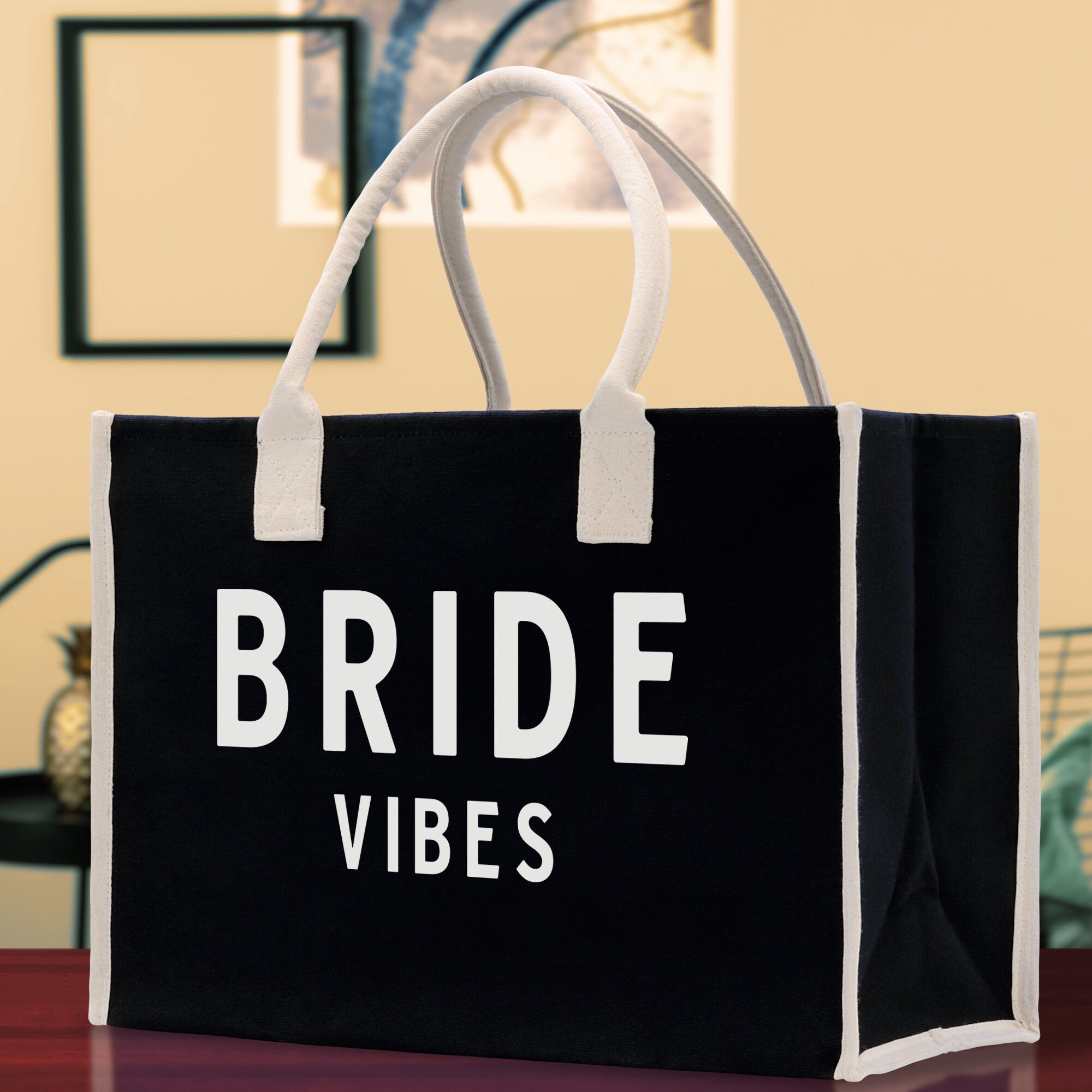 Bride Vibes Cotton Canvas Chic Beach Tote Bag Multipurpose Tote Weekender Tote Gift for Her Outdoor Tote Vacation Tote Large Beach Bag