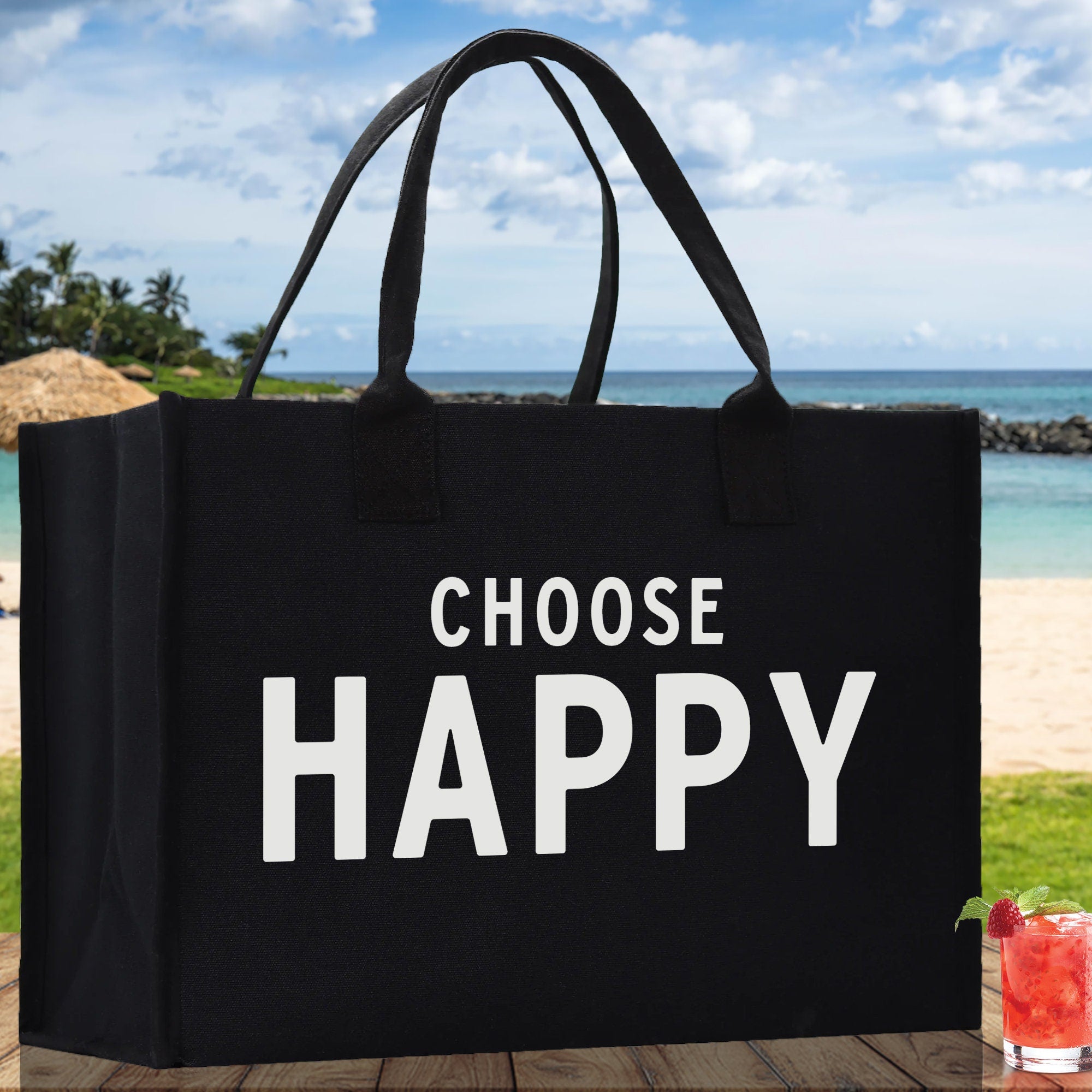 Choose Happy Cotton Canvas Chic Beach Tote Bag Multipurpose Tote Weekender Tote Gift for Her Outdoor Tote Vacation Tote Large Beach Bag