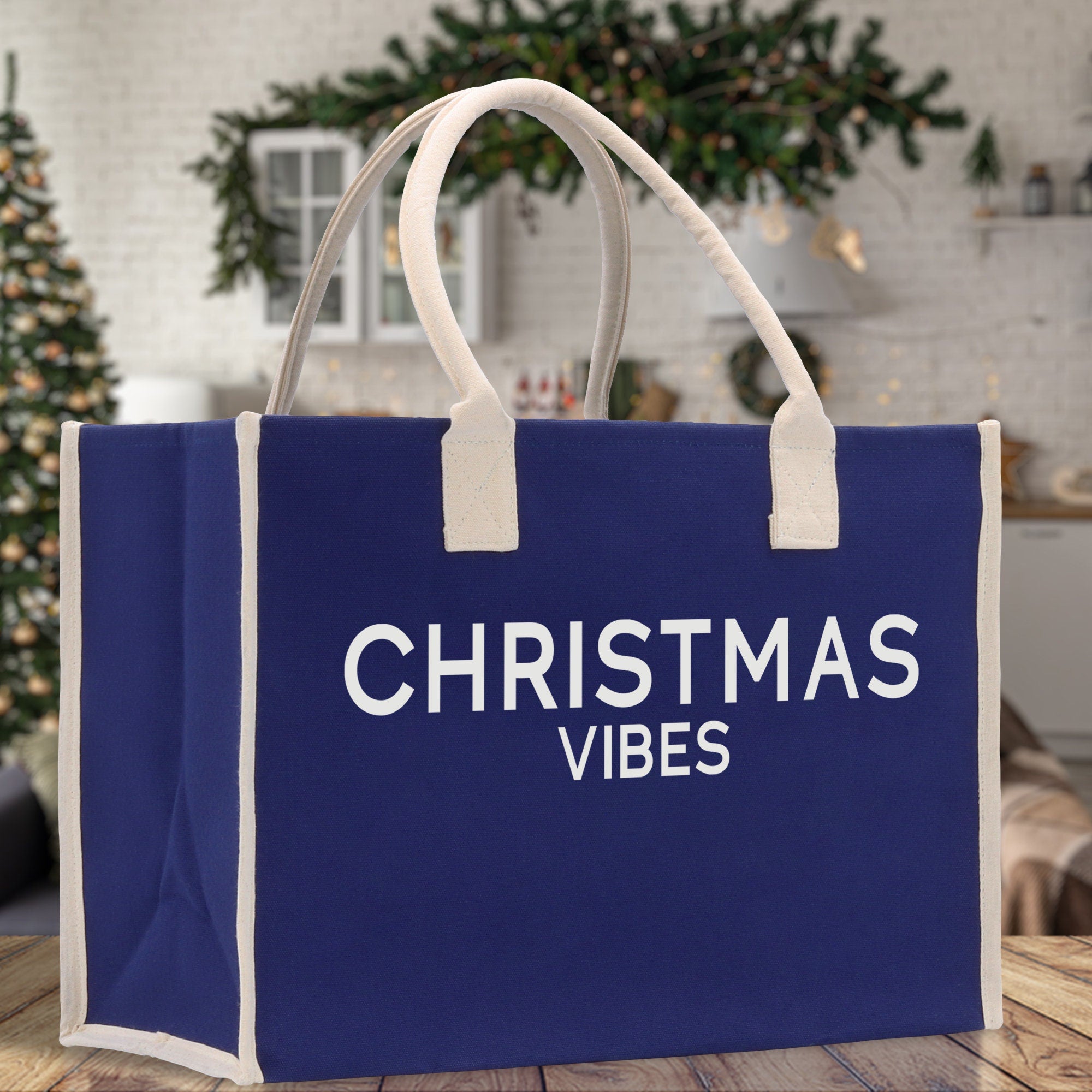 Christmas Vibes Cotton Canvas Chic Beach Tote Bag Multipurpose Tote Weekender Tote Gift for Her Outdoor Tote Vacation Tote Large Beach Bag