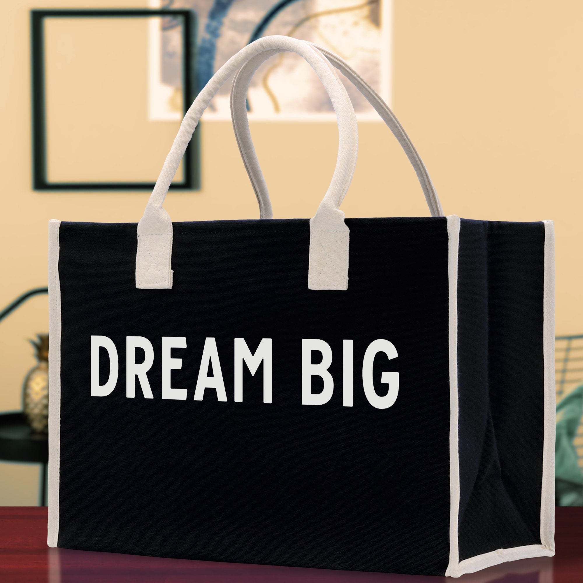 Dream Big Cotton Canvas Chic Beach Tote Bag Multipurpose Tote Weekender Tote Gift for Her Outdoor Tote Vacation Tote Large Beach Bag