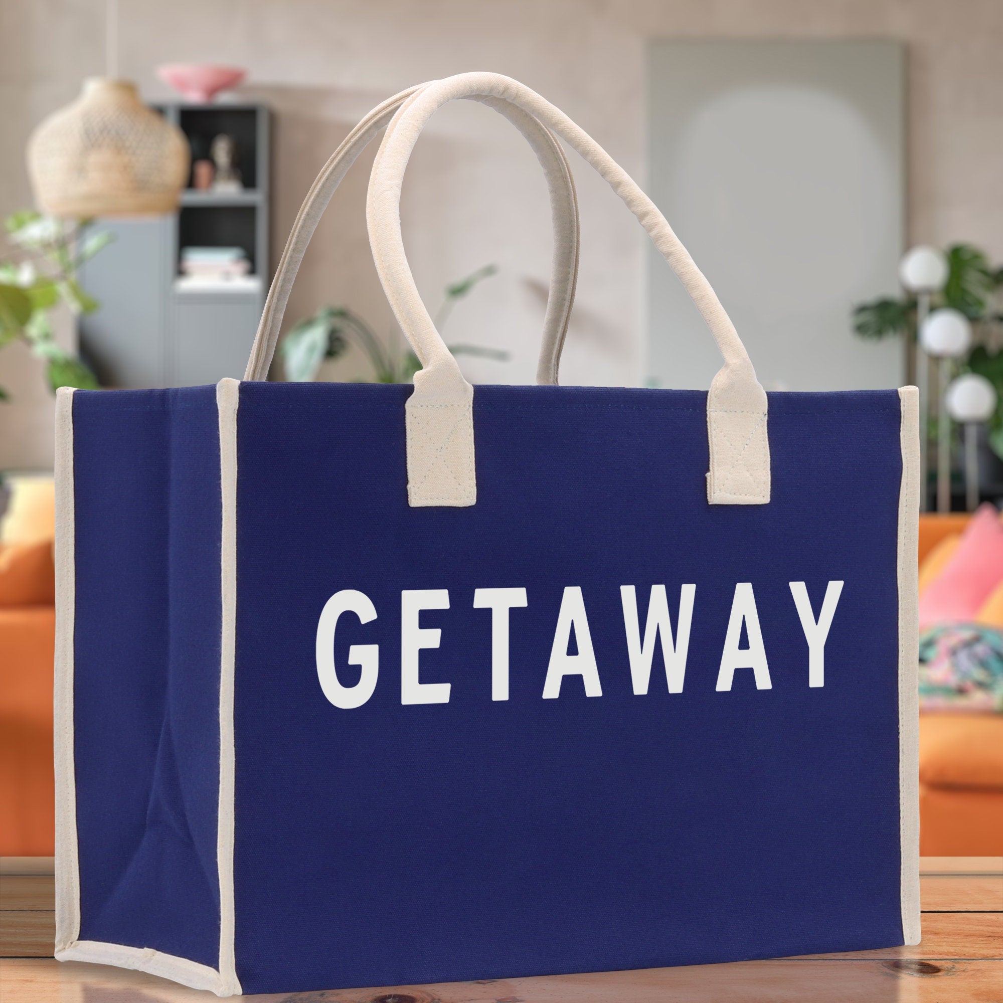 Getaway Cotton Canvas Chic Beach Tote Bag Multipurpose Tote Weekender Tote Gift for Her Outdoor Tote Vacation Tote Large Beach Bag