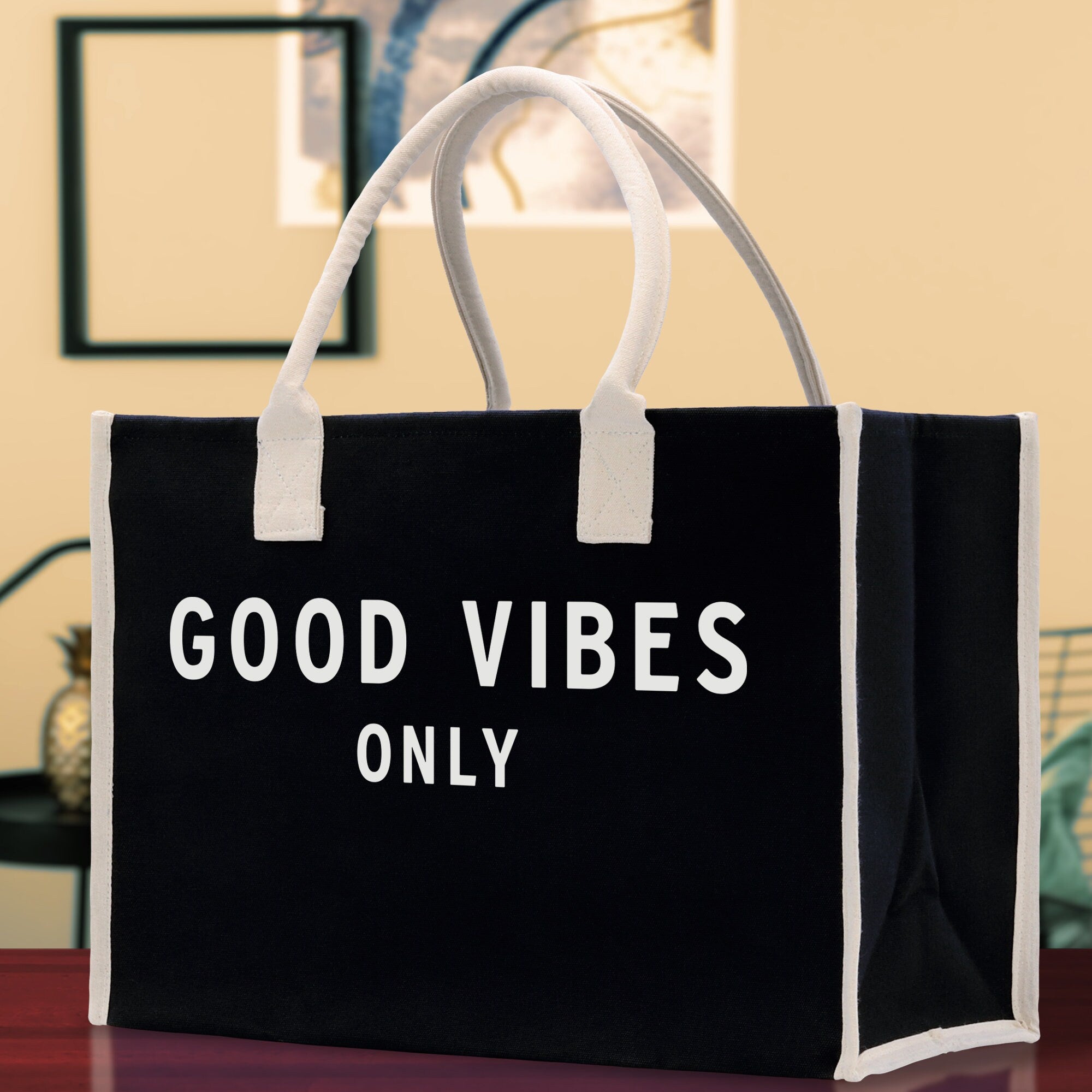 Good Vibes Only Cotton Canvas Chic Beach Tote Bag Multipurpose Tote Weekender Tote Gift for Her Outdoor Tote Vacation Tote Large Beach Bag