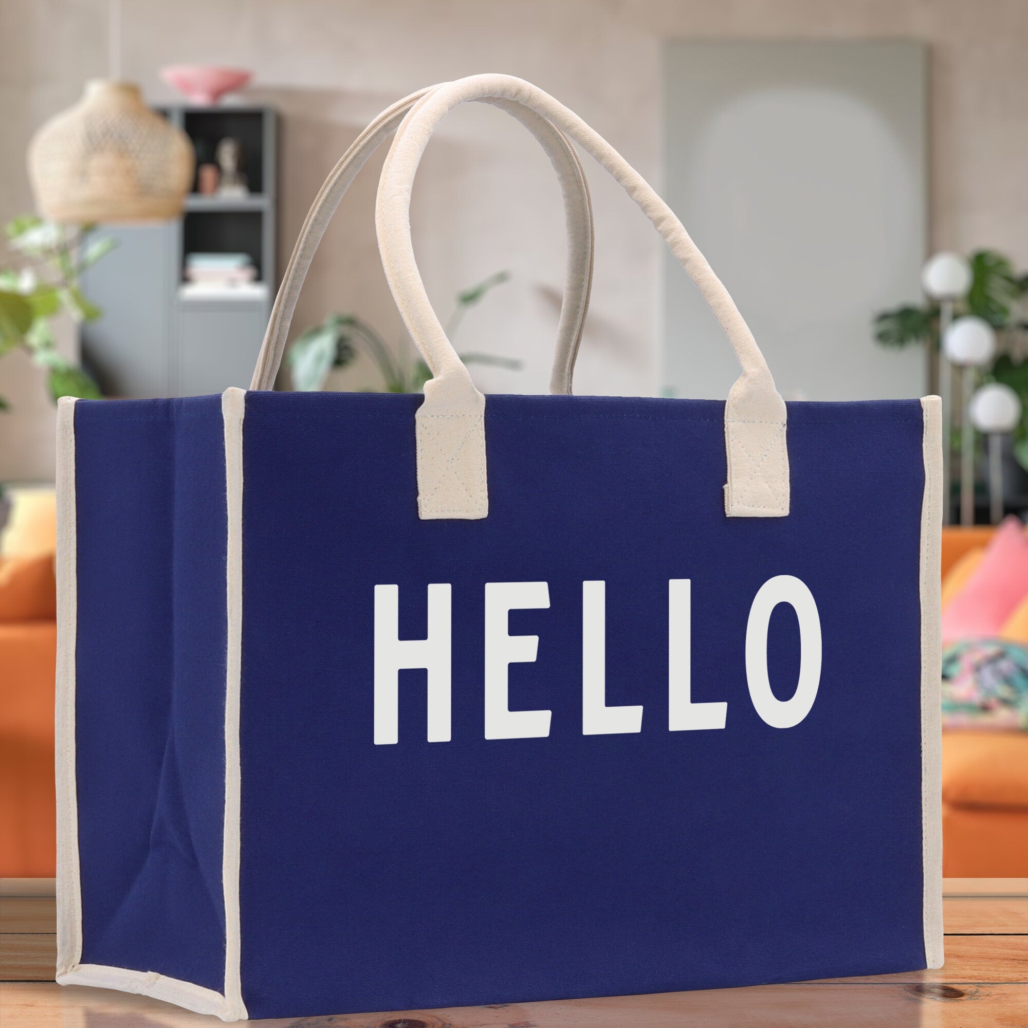 Hello Cotton Canvas Chic Beach Tote Bag Multipurpose Tote Weekender Tote Gift for Her Outdoor Tote Vacation Tote Large Beach Bag