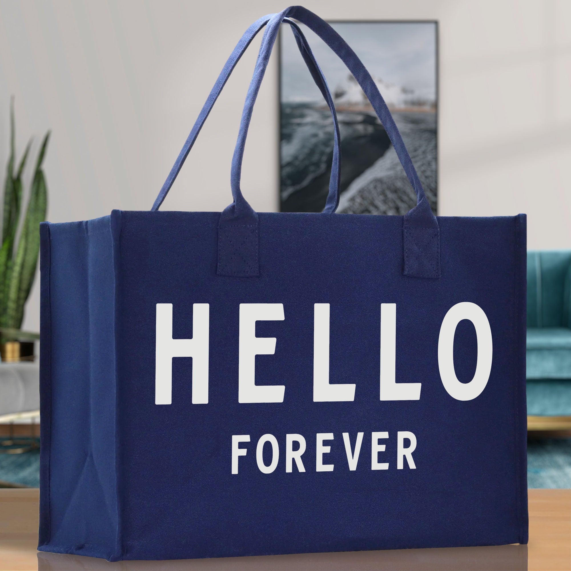 Hello Forever Cotton Canvas Chic Beach Tote Bag Multipurpose Tote Weekender Tote Gift for Her Outdoor Tote Vacation Tote Large Beach Bag