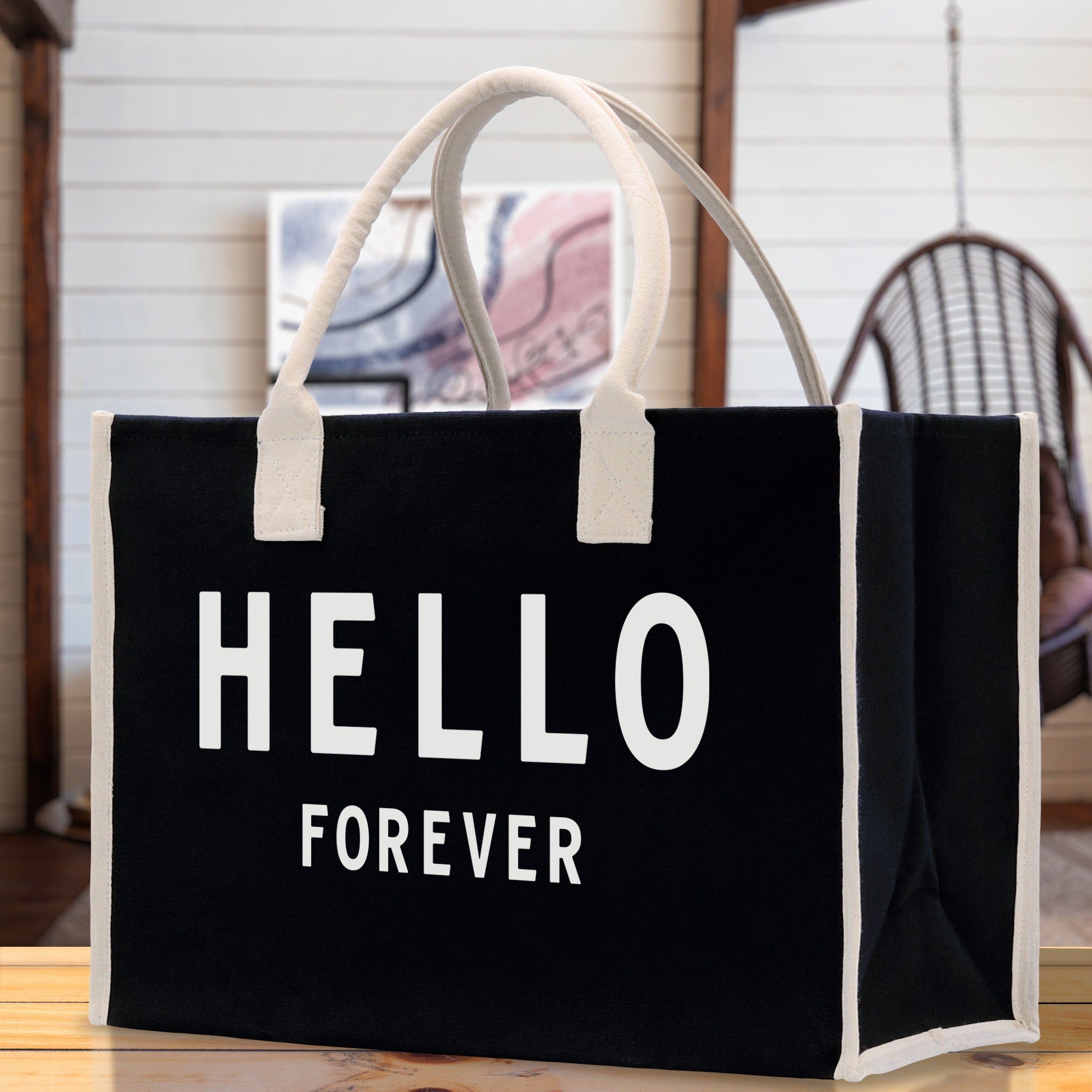 Hello Forever Cotton Canvas Chic Beach Tote Bag Multipurpose Tote Weekender Tote Gift for Her Outdoor Tote Vacation Tote Large Beach Bag