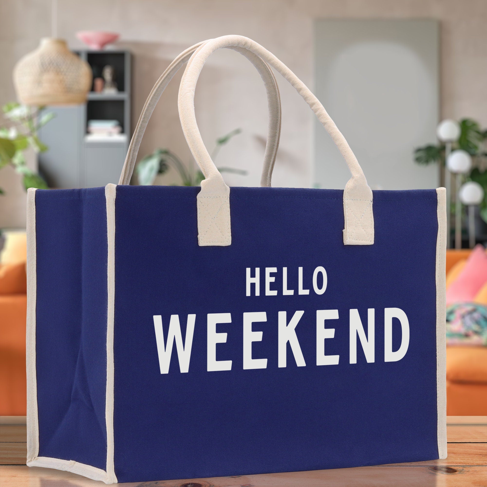 Hello Weekend Cotton Canvas Chic Beach Tote Bag Multipurpose Tote Weekender Tote Gift for Her Outdoor Tote Vacation Tote Large Beach Bag