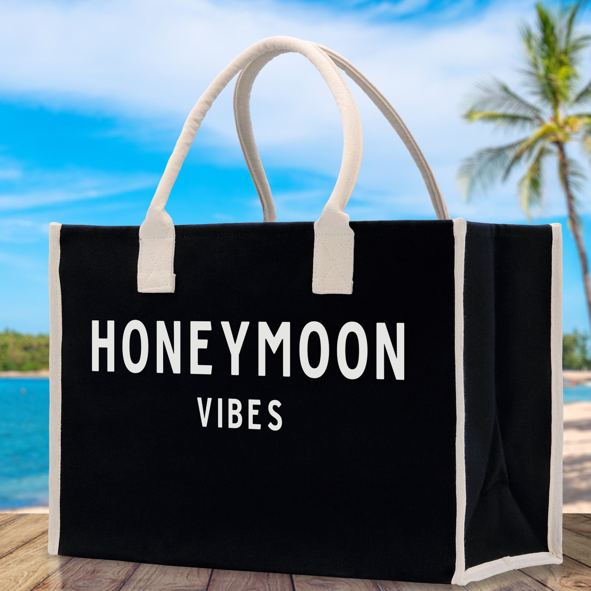 Honeymoon Vibes Cotton Canvas Chic Beach Tote Bag Multipurpose Tote Weekender Tote Gift for Her Outdoor Tote Vacation Tote Large Beach Bag