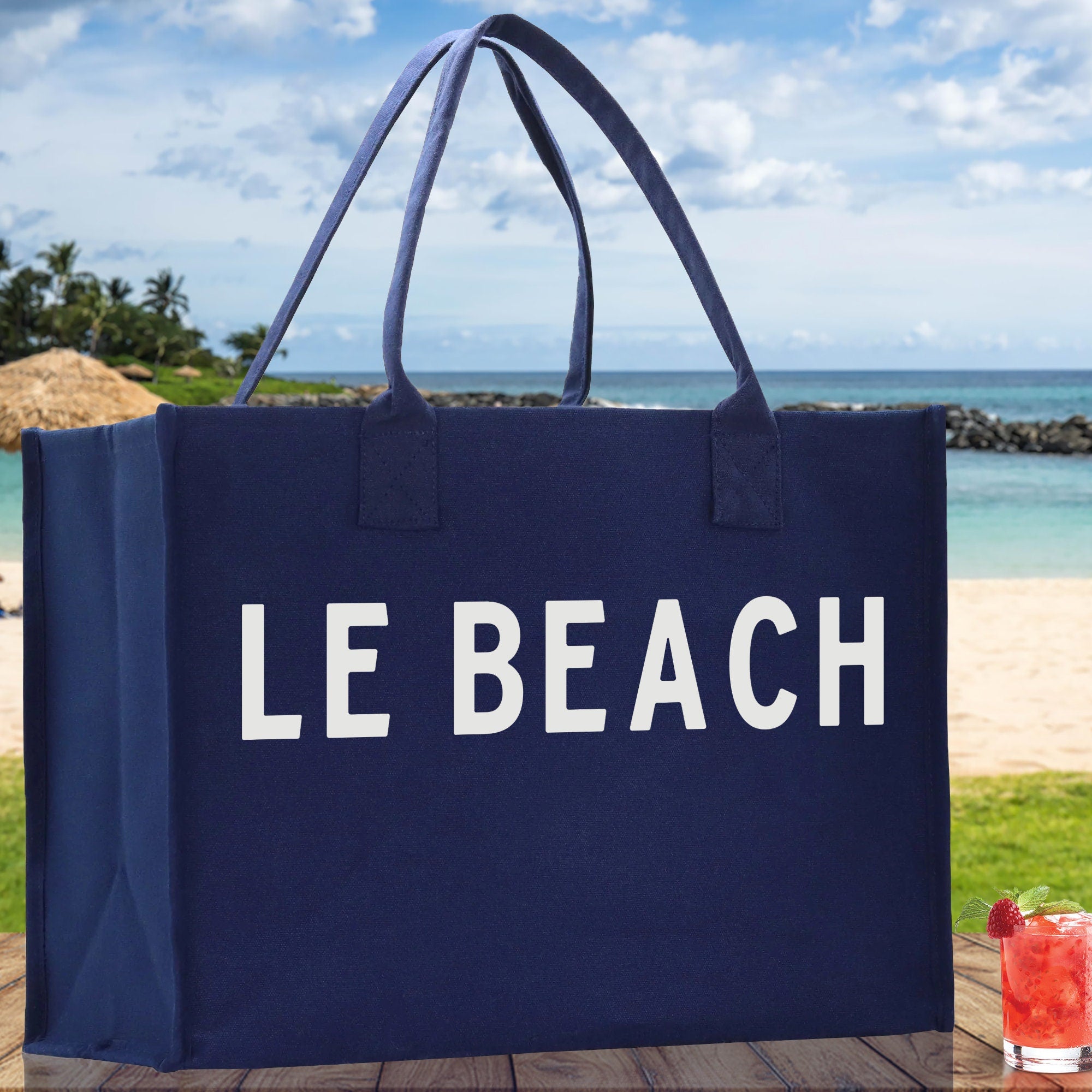 Le Beach Cotton Canvas Chic Beach Tote Bag Multipurpose Tote Weekender Tote Gift for Her Outdoor Tote Vacation Tote Large Beach Bag