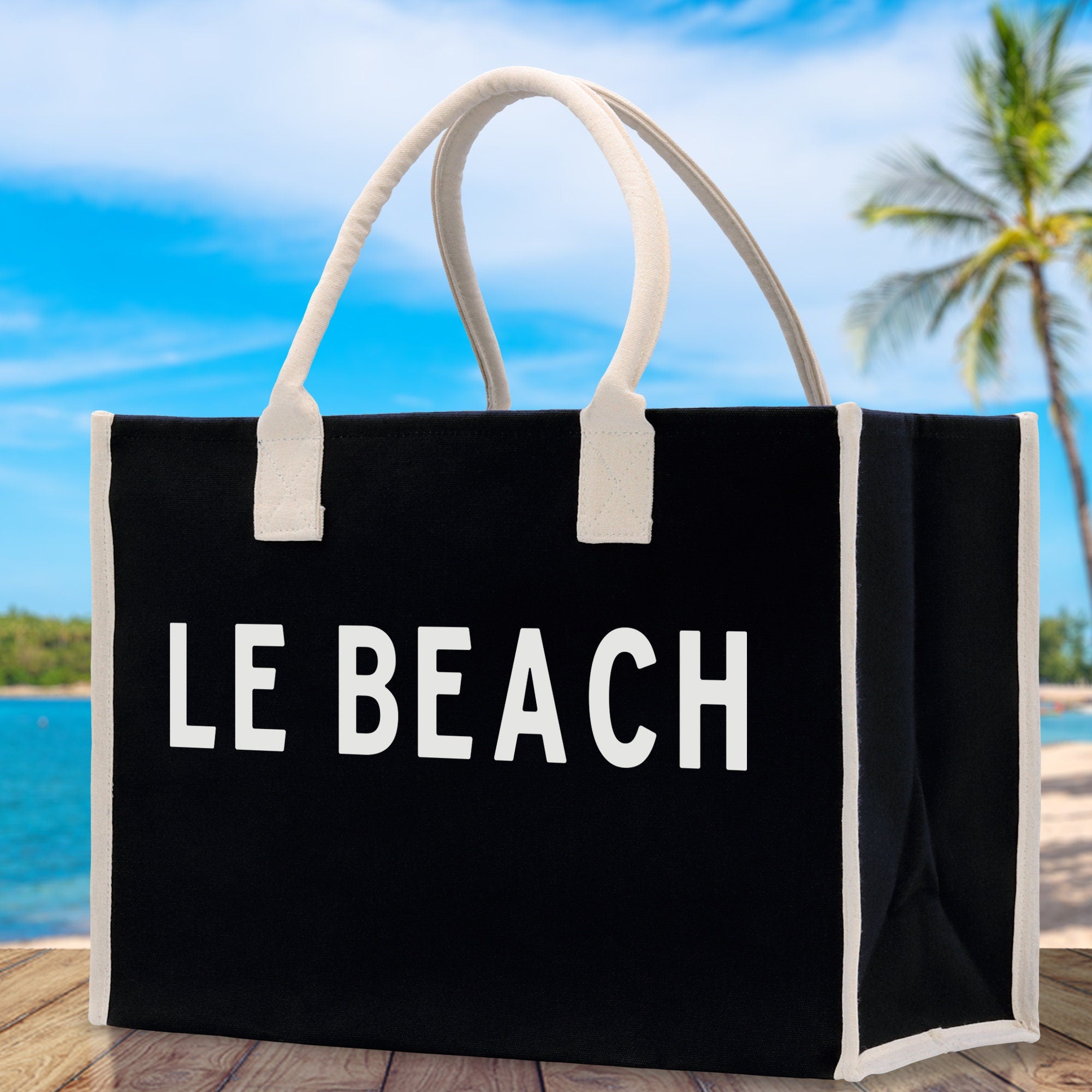 Le Beach Cotton Canvas Chic Beach Tote Bag Multipurpose Tote Weekender Tote Gift for Her Outdoor Tote Vacation Tote Large Beach Bag