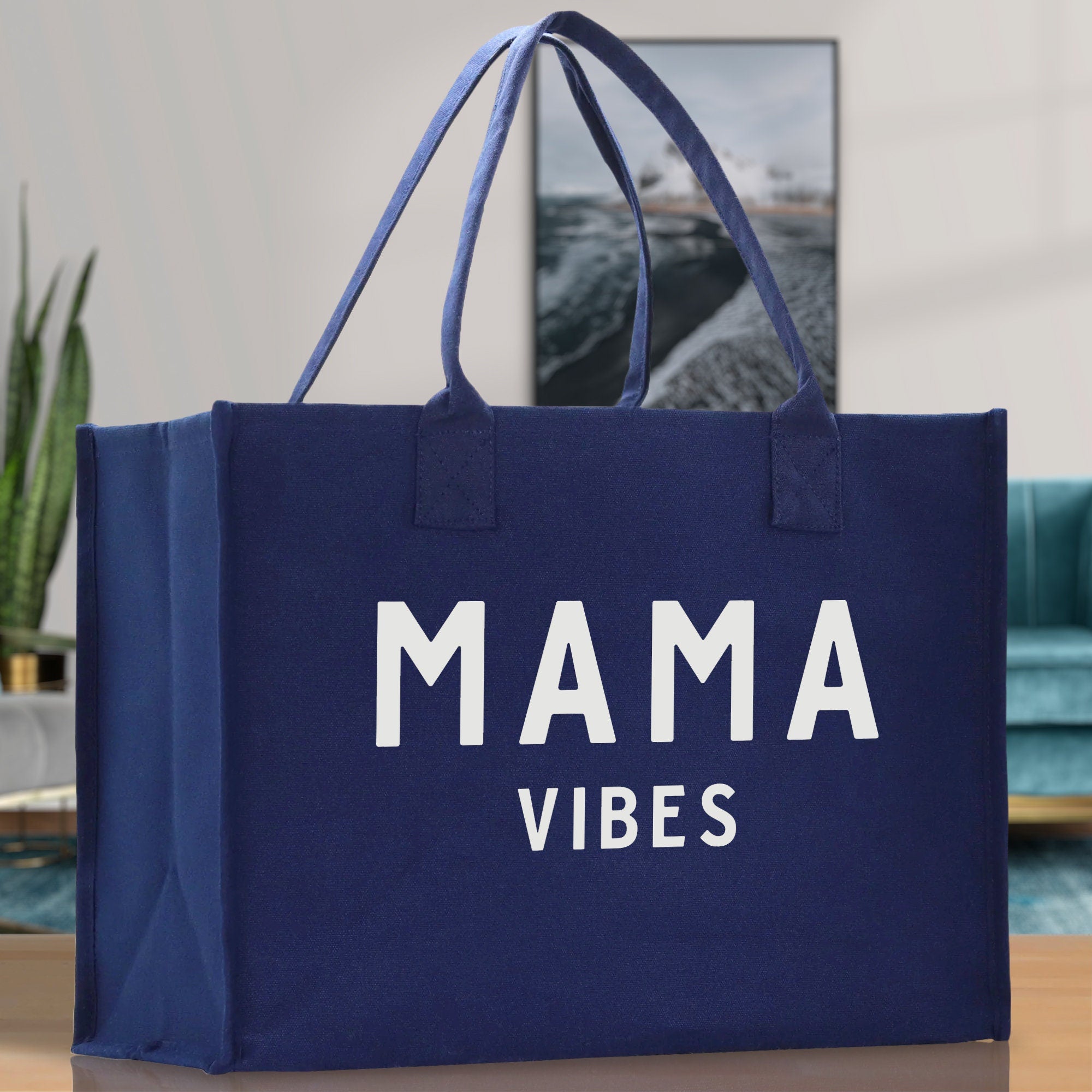 Mama Vibes Cotton Canvas Chic Beach Tote Bag Multipurpose Tote Weekender Tote Gift for Her Outdoor Tote Vacation Tote Large Beach Bag