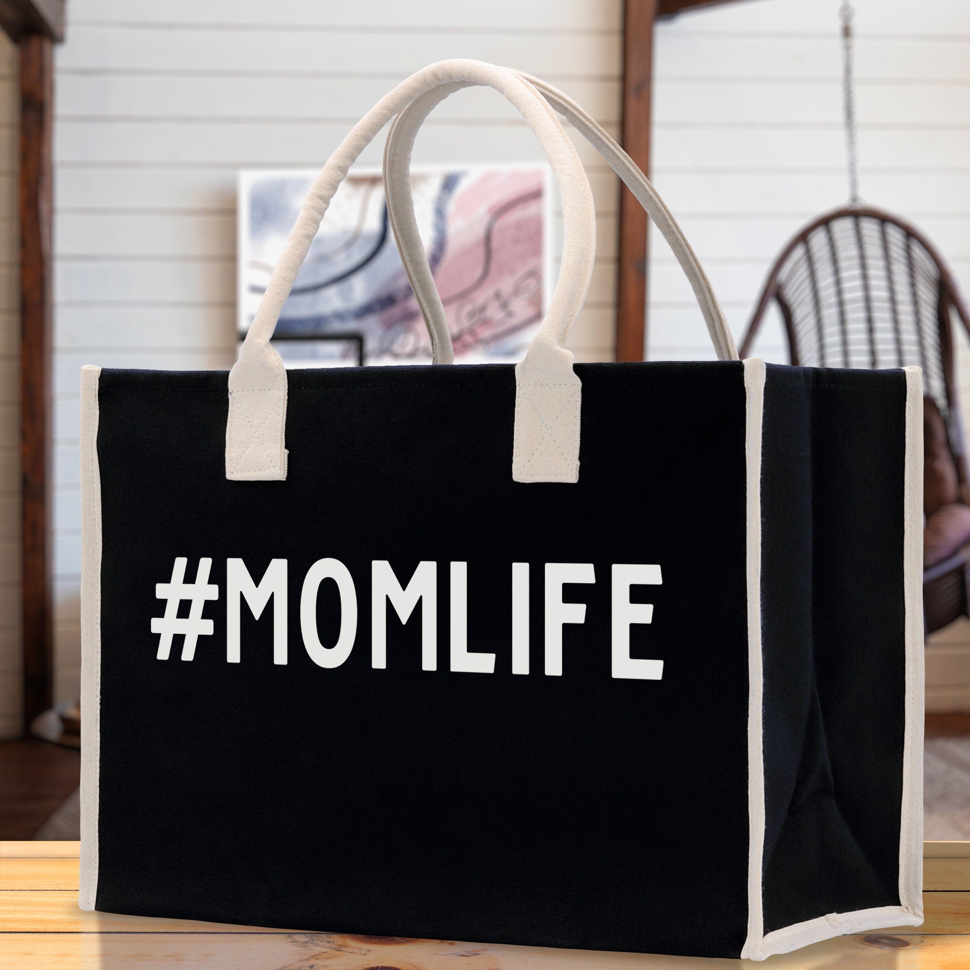 Mom Life Cotton Canvas Chic Beach Tote Bag Multipurpose Tote Weekender Tote Gift for Her Outdoor Tote Vacation Tote Large Beach Bag