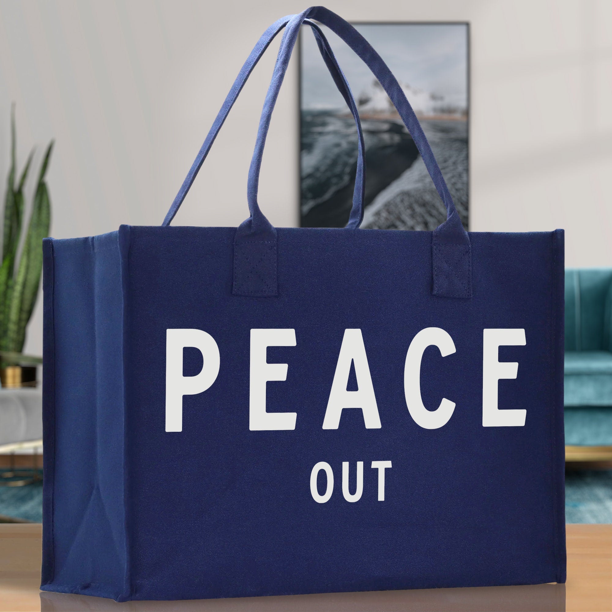 Peace Out Cotton Canvas Chic Beach Tote Bag Multipurpose Tote Weekender Tote Gift for Her Outdoor Tote Vacation Tote Large Beach Bag