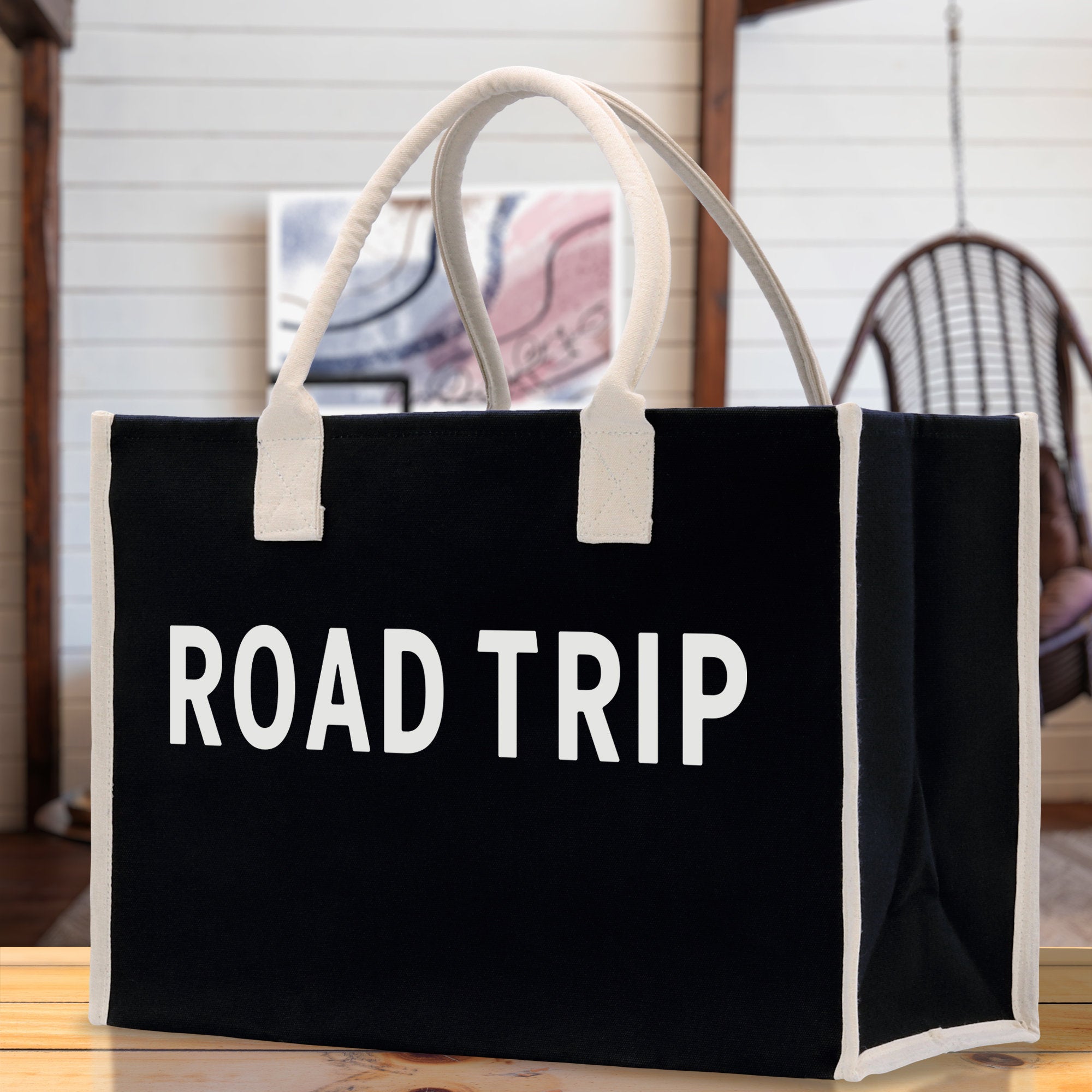 Road Trip Cotton Canvas Chic Beach Tote Bag Multipurpose Tote Weekender Tote Gift for Her Outdoor Tote Vacation Tote Large Beach Bag