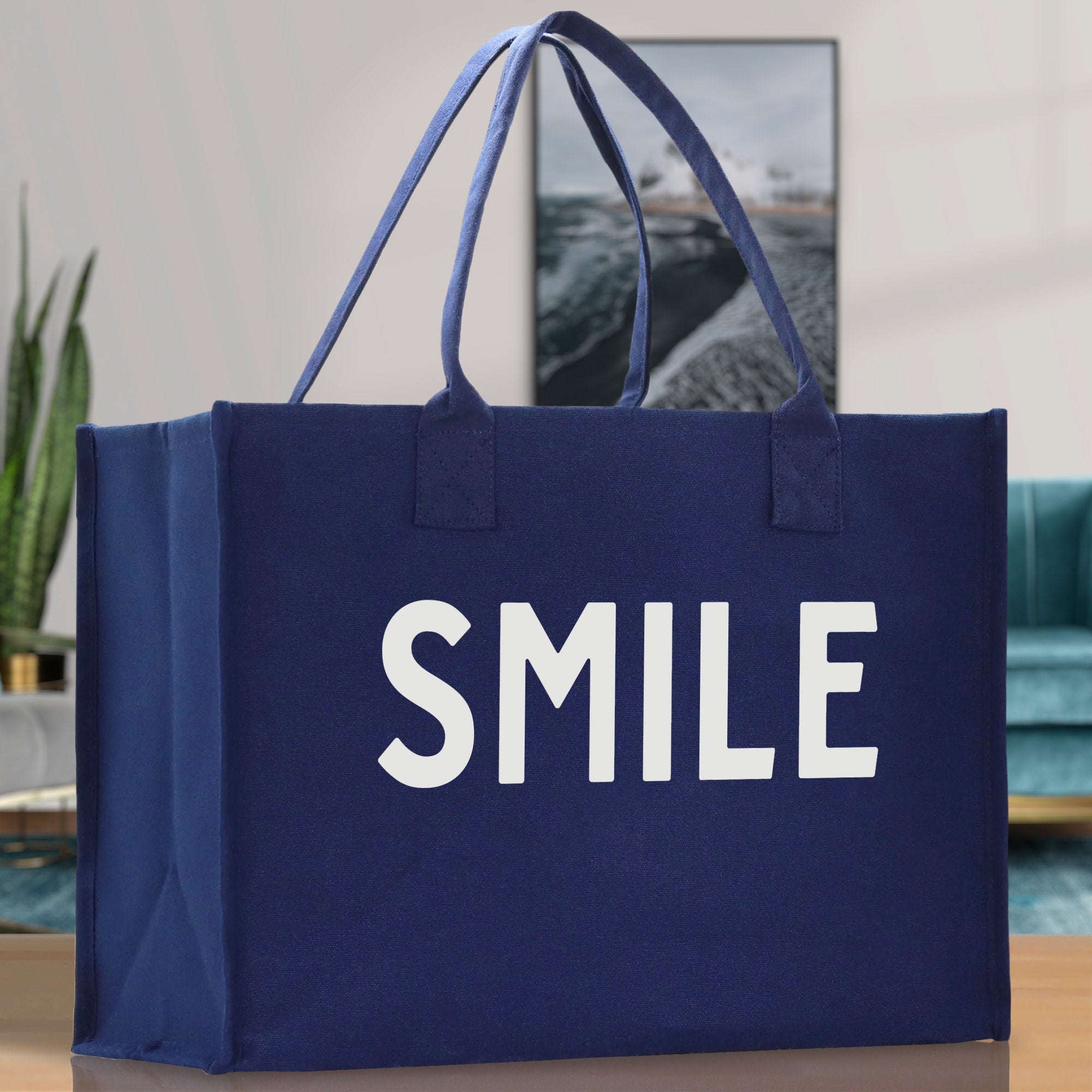 Smile Cotton Canvas Chic Beach Tote Bag Multipurpose Tote Weekender Tote Gift for Her Outdoor Tote Vacation Tote Large Beach Bag