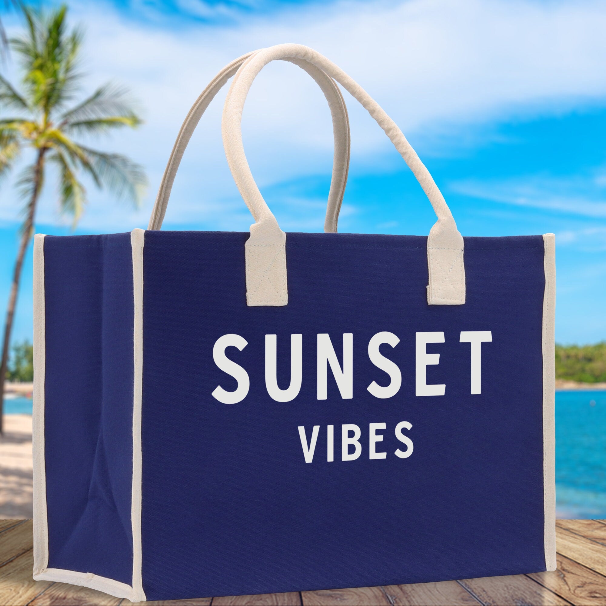 Sunset Vibes Cotton Canvas Chic Beach Tote Bag Multipurpose Tote Weekender Tote Gift for Her Outdoor Tote Vacation Tote Large Beach Bag