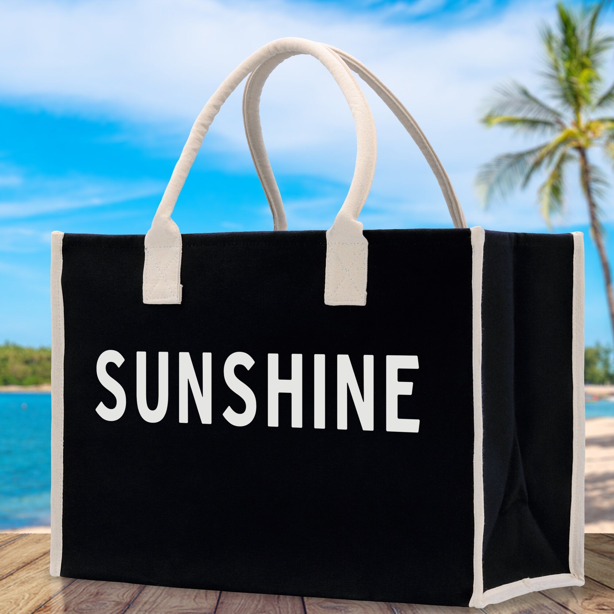 Sunshine Cotton Canvas Chic Beach Tote Bag Multipurpose Tote Weekender Tote Gift for Her Outdoor Tote Vacation Tote Large Beach Bag