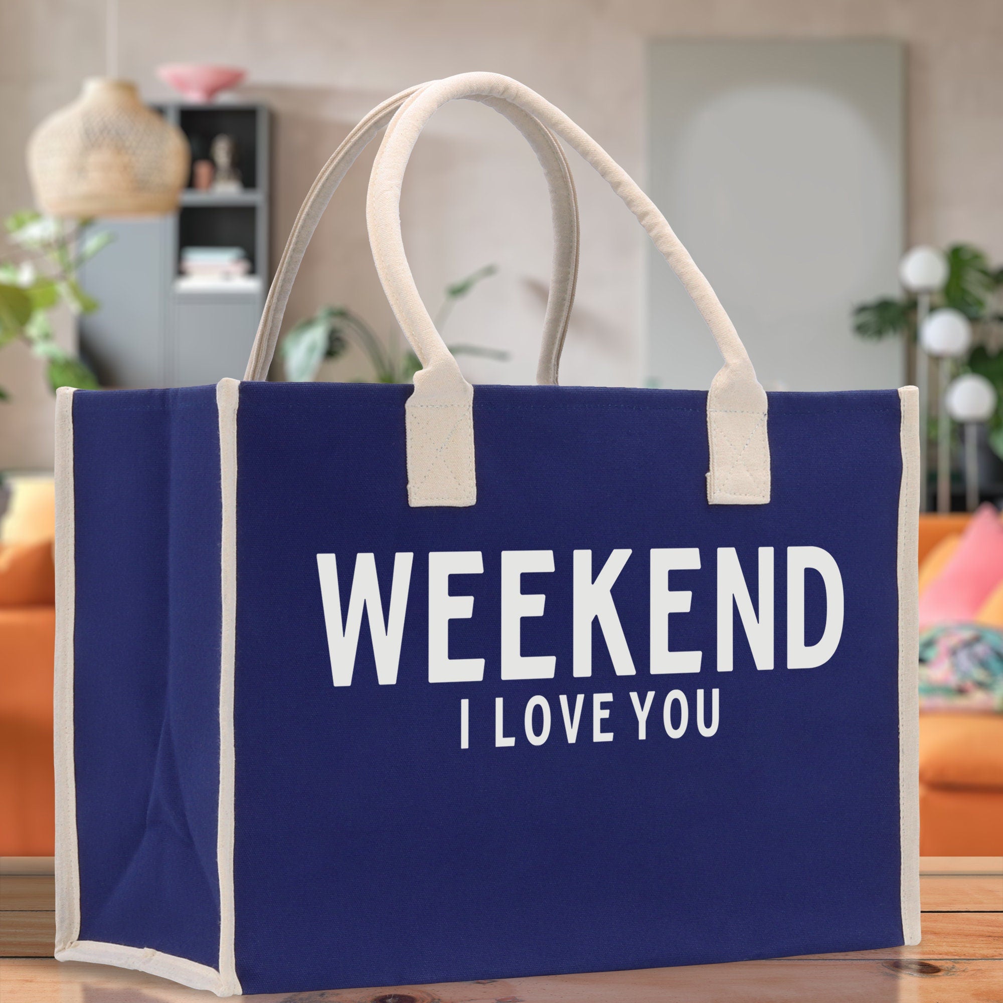 Weekend I Love Cotton Canvas Chic Beach Tote Bag Multipurpose Tote Weekender Tote Gift for Her Outdoor Tote Vacation Tote Large Beach Bag
