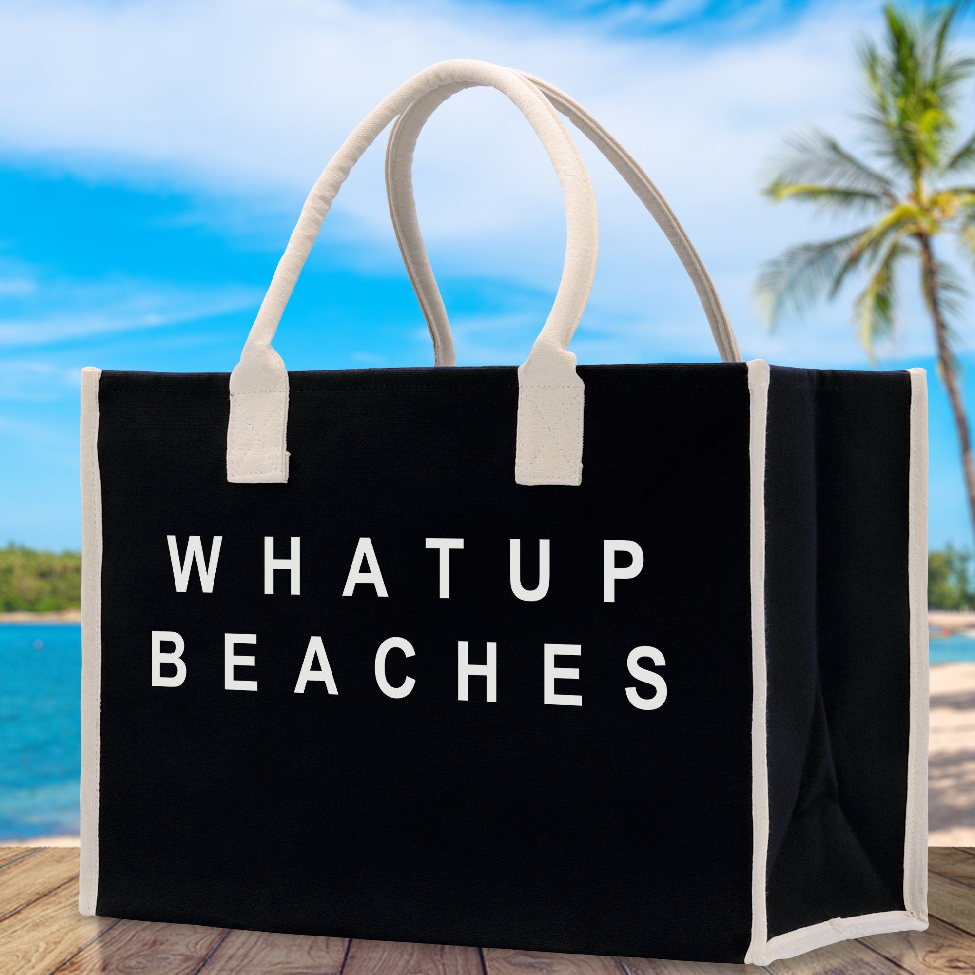 Whatup Beaches Cotton Canvas Chic Beach Tote Bag Multipurpose Tote Weekender Tote Gift for Her Outdoor Tote Vacation Tote Large Beach Bag