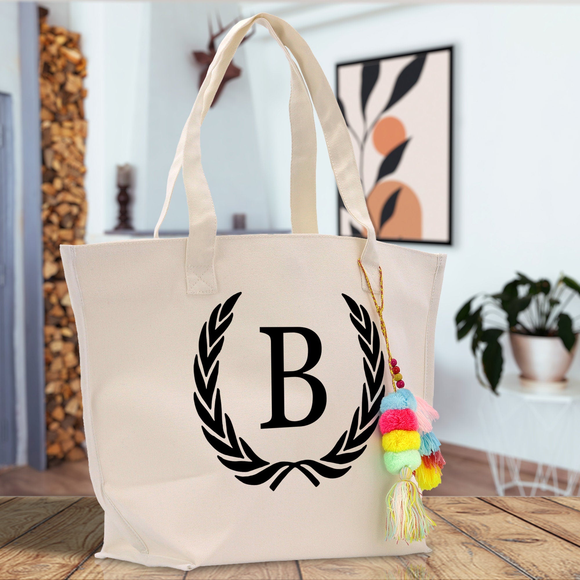 Personalized Cotton Canvas Hand Tote Bag Monogram Tote Bag Initial Canvas Tote Bridesmaid Gift Tote Magnetic Closure Bag Gift for Her A-Z