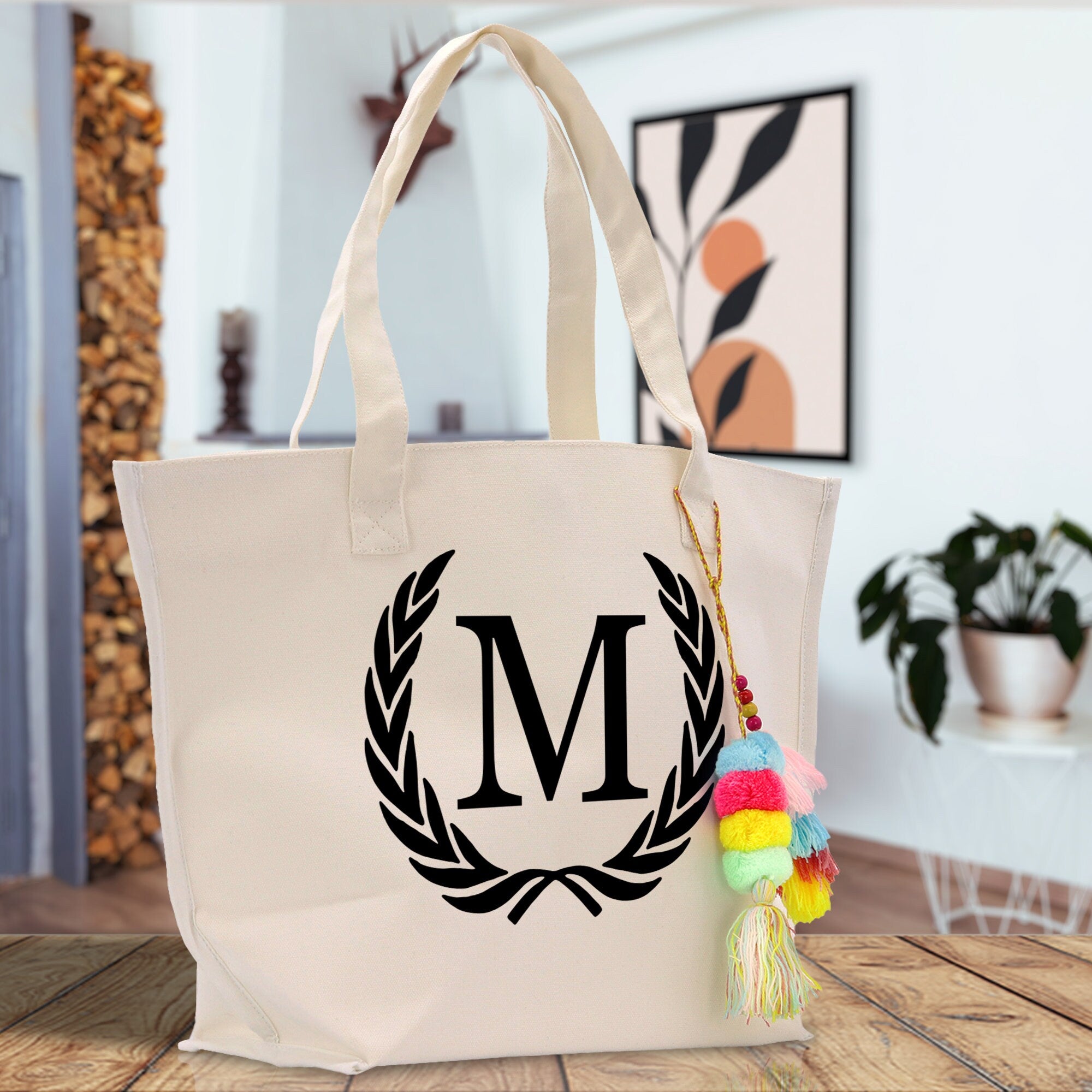 Personalized Cotton Canvas Hand Tote Bag Monogram Tote Bag Initial Canvas Tote Bridesmaid Gift Tote Magnetic Closure Bag Gift for Her A-Z