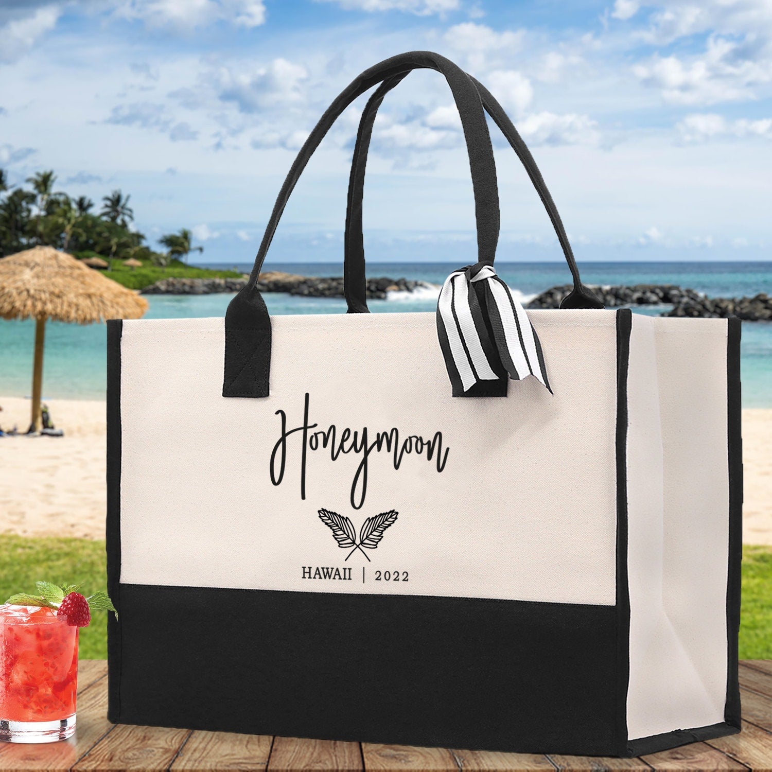 Honeymoon Vibes Personalized Canvas Tote Bag Custom Newlyweds Beach Tote Bag Honeymoon Gift Honeymoon Weekender Bag Engagement Gift