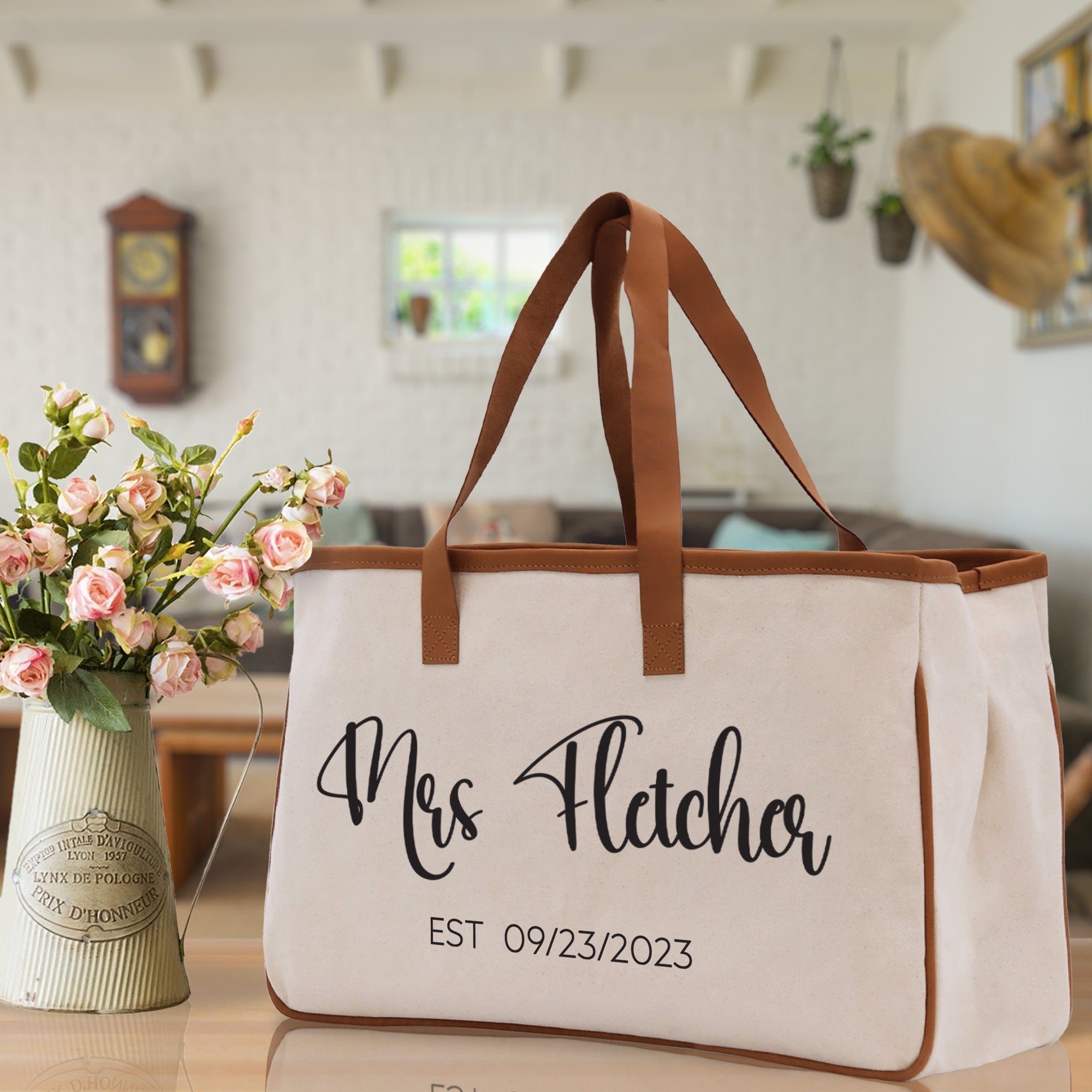 Mrs. Last Name Est Year Tote Bag Personalized Date Wedding Tote Bridal Shower Gift Honeymoon Gift Customized Wedding Gift Bridesmaid Gift