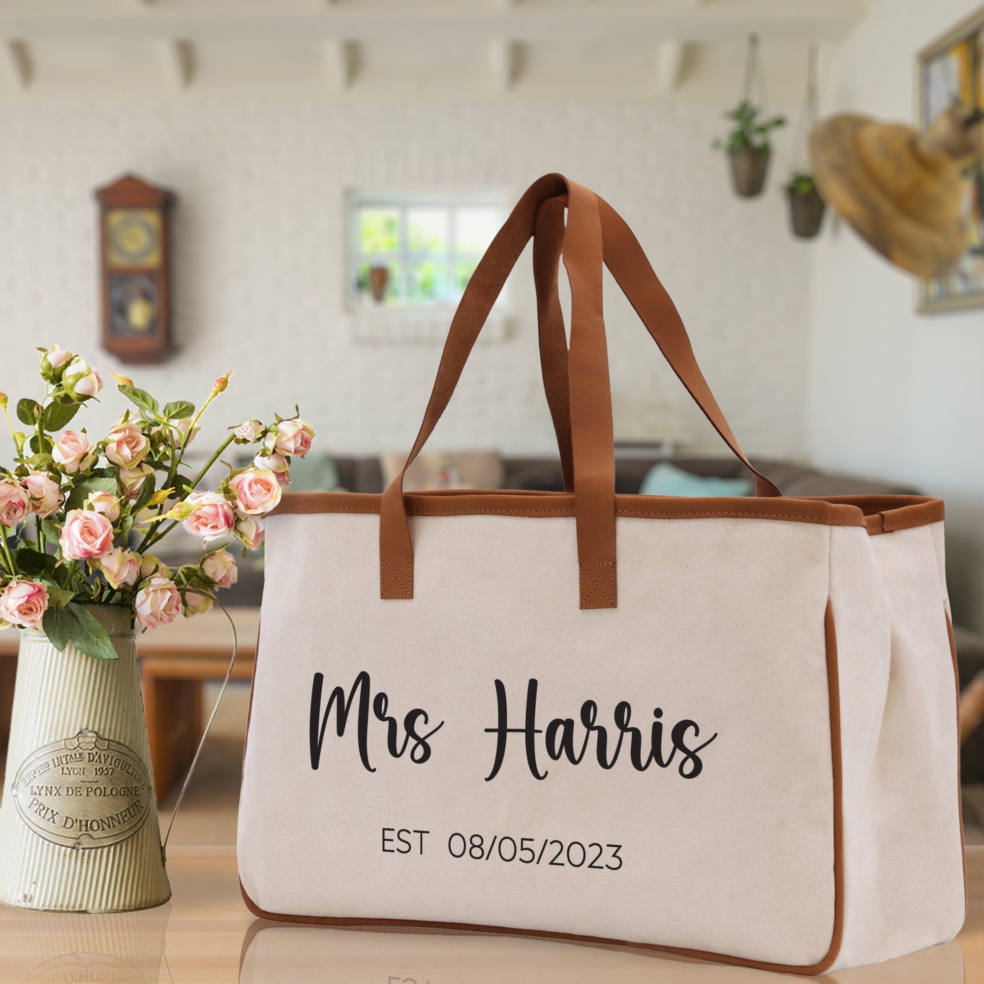 Mrs. Last Name Est Year Tote Bag Personalized Date Wedding Tote Bridal Shower Gift Honeymoon Gift Customized Wedding Gift Bridesmaid Gift