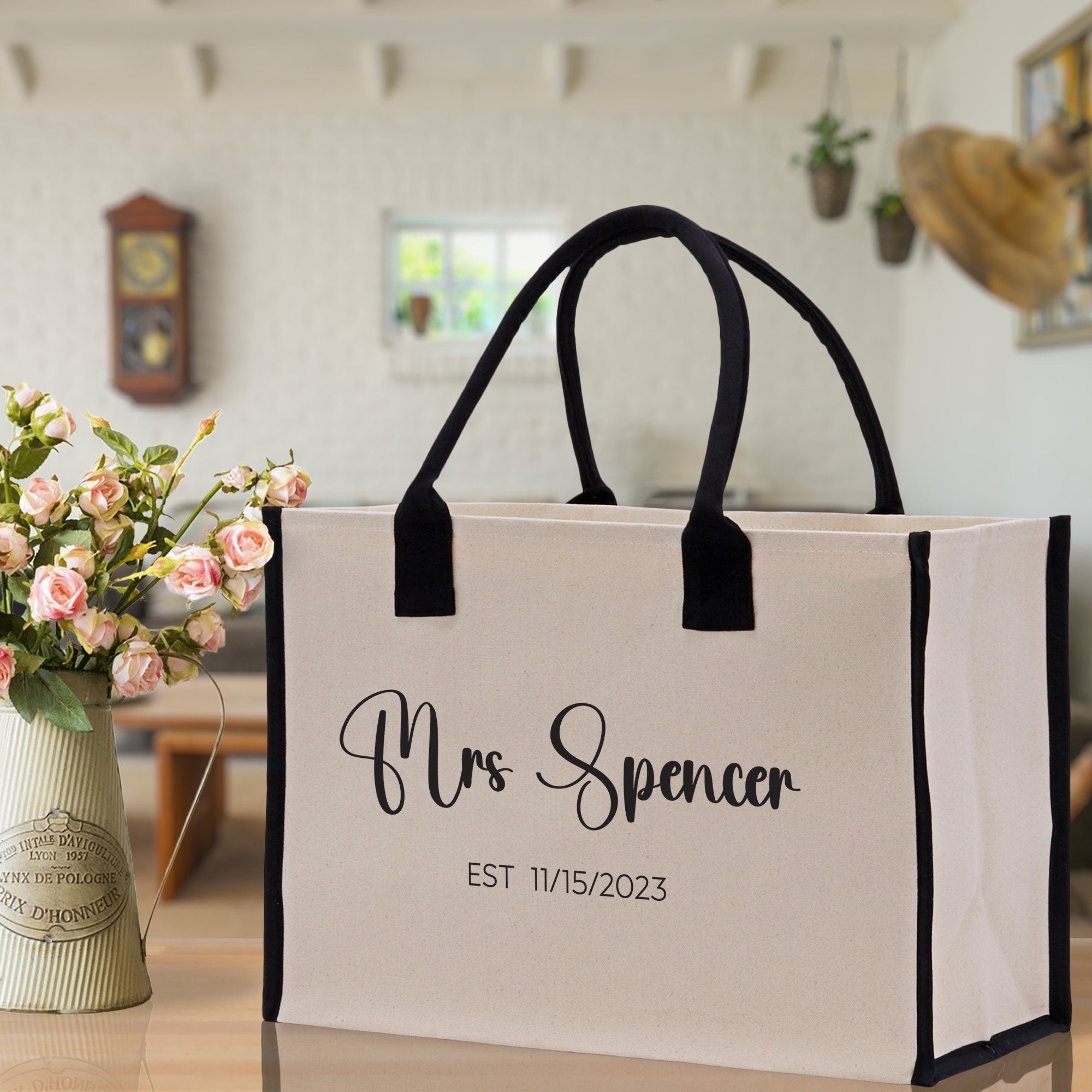 Mrs. Last Name Est Year Tote Bag Personalized Date Wedding Tote Bridal Shower Gift Honeymoon Gift Customized Wedding Gift Bridesmaid Gif