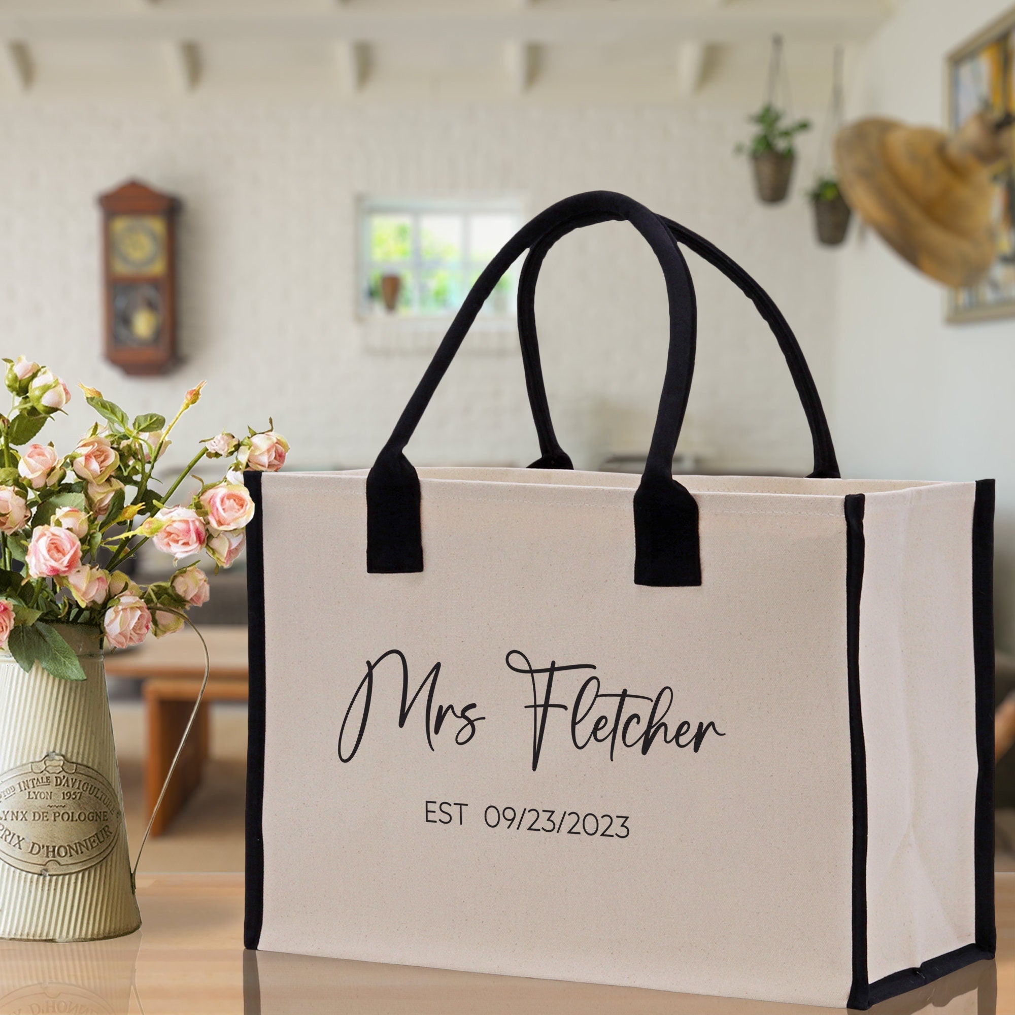 Mrs. Last Name Est Year Tote Bag Personalized Date Wedding Tote Bridal Shower Gift Honeymoon Gift Customized Wedding Gift Bridesmaid Gif