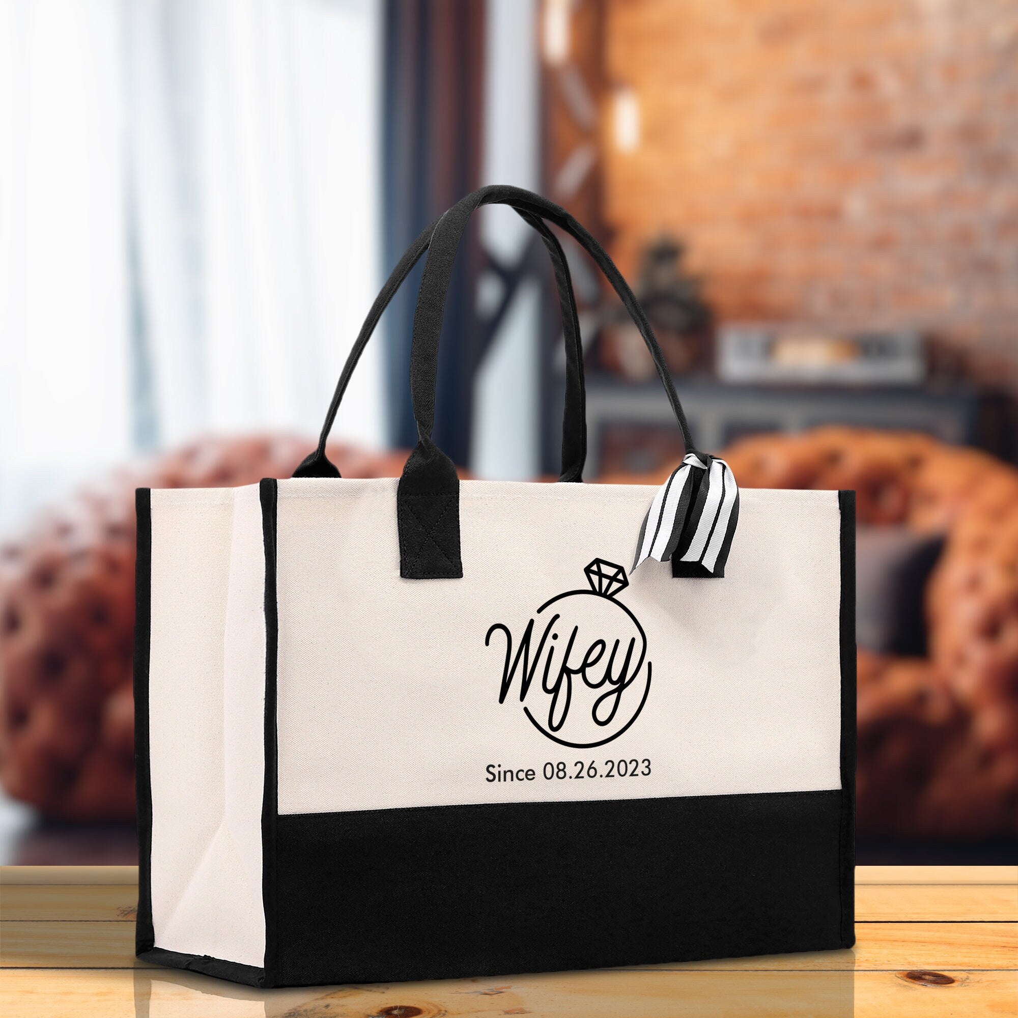 Wifey Personalization Cotton Canvas Tote Bag Bridal Party Tote Anniversary Gift For Wife Honeymoon Tote Est Year Tote Bag Engagement Gift