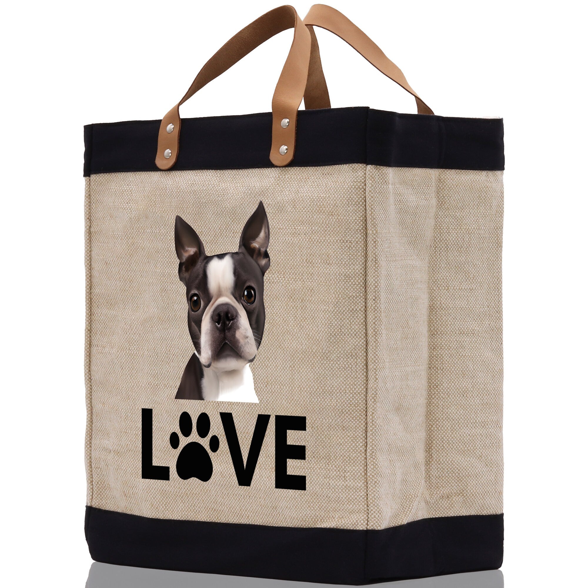 Boston Terrier Love Dog Jute Canvas Tote Funny Farmer Market Bag Quote Jute Bag Shopping Bag Burlap Bag Dog Owner Gift