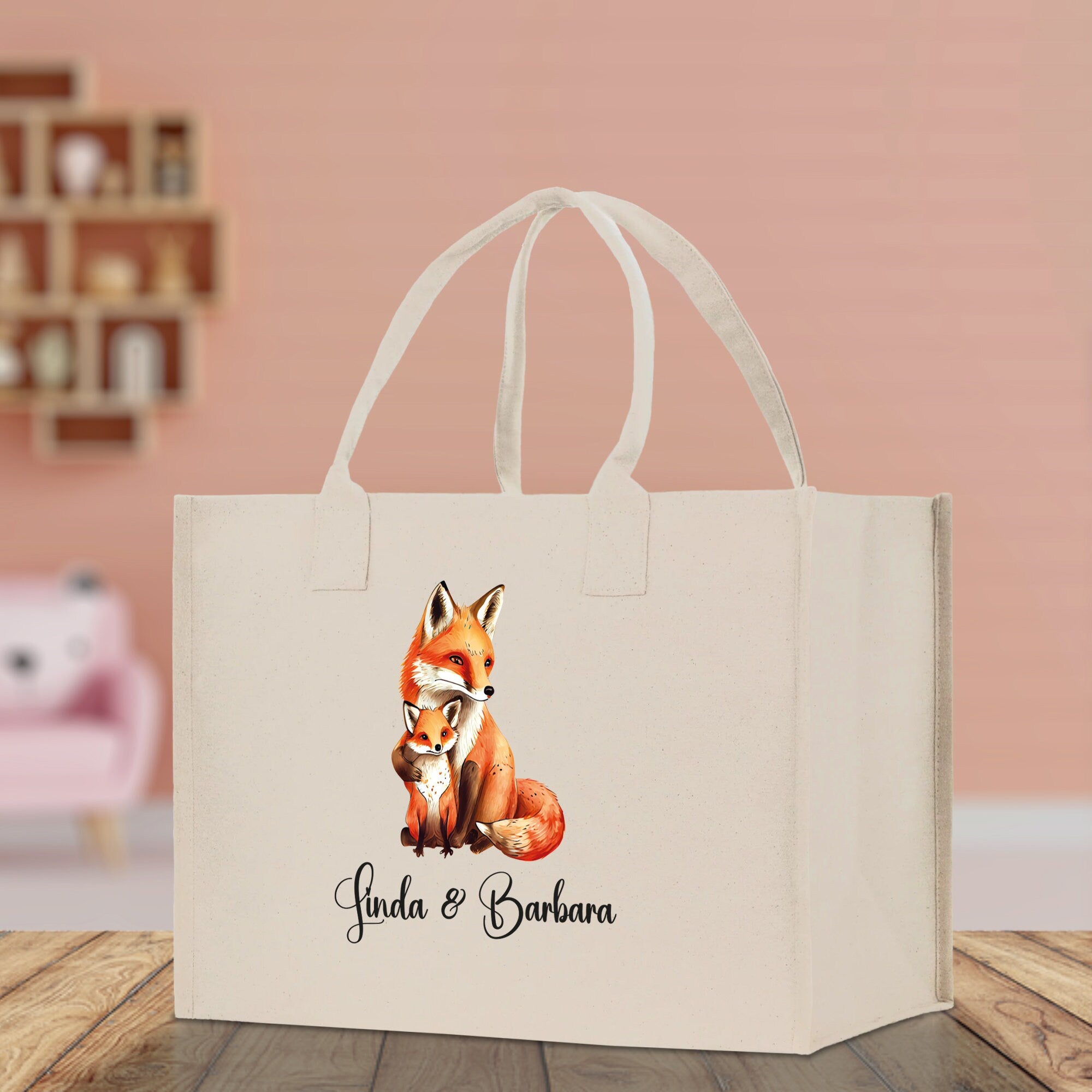 Fox Mom And Baby Name Custom Cotton Canvas Tote Bag Custom Pet Lover Gift Pet Portrait Bag Personalized Pet Owner Gift Tote Bag
