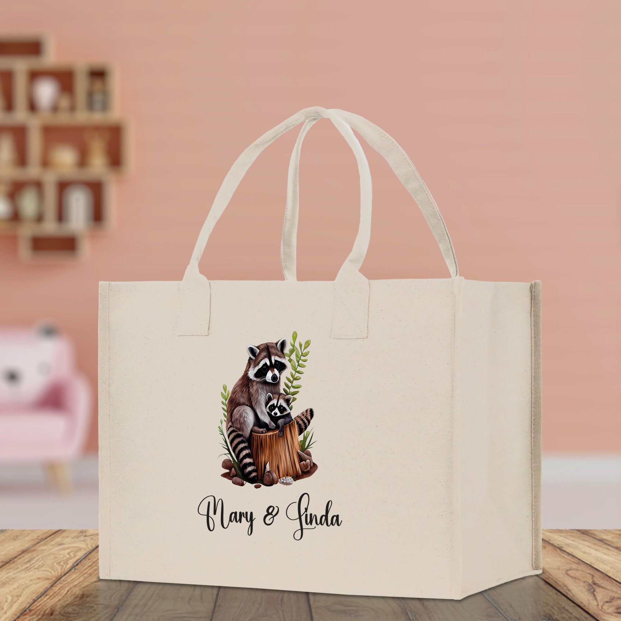 Raccoon Mom And Baby Name Custom Cotton Canvas Tote Bag Custom Pet Lover Gift Pet Portrait Bag Personalized Pet Owner Gift Tote Bag