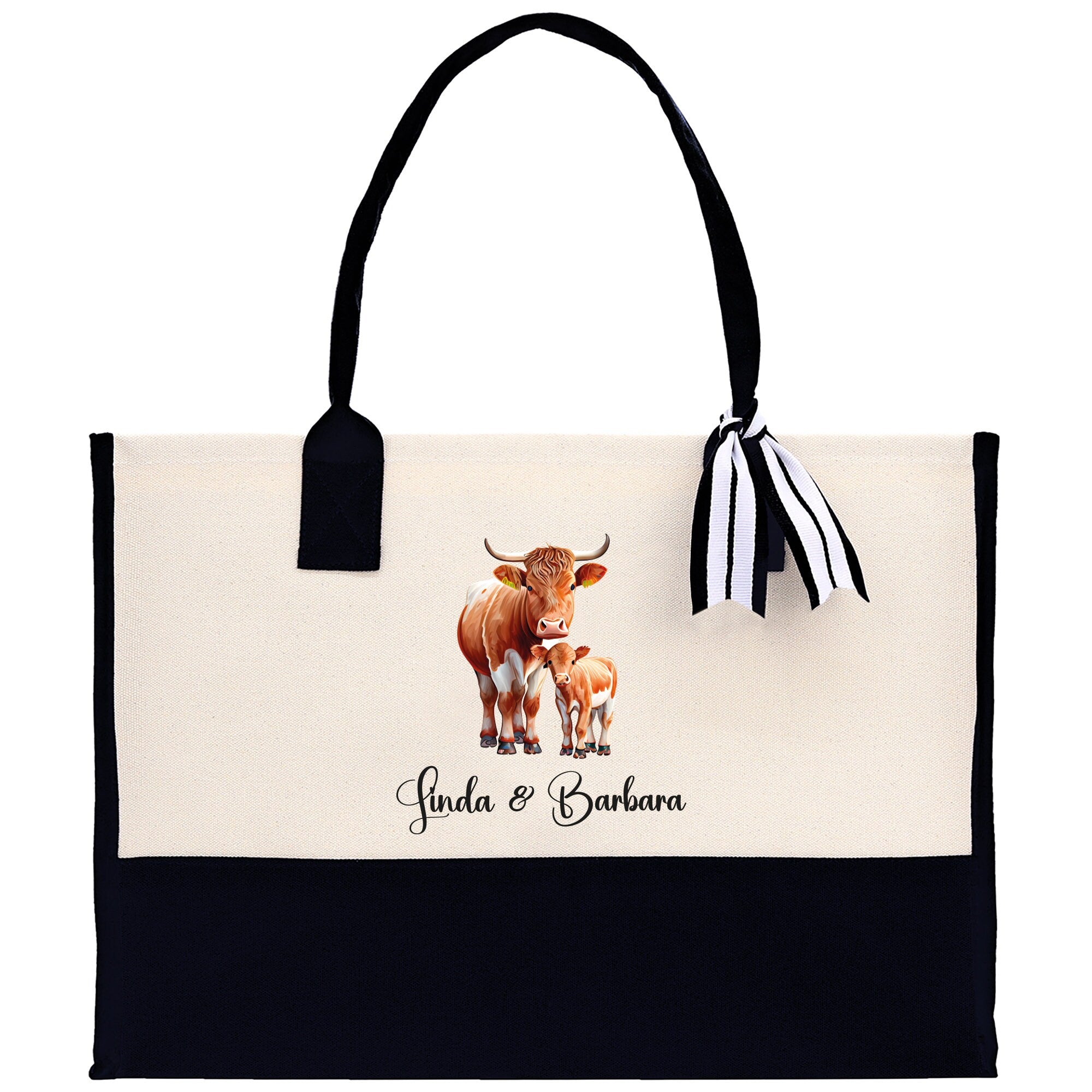 Cow Mom And Baby Name Custom Cotton Canvas Tote Bag Custom Pet Lover Gift Pet Portrait Bag Personalized Pet Owner Gift Tote Bag