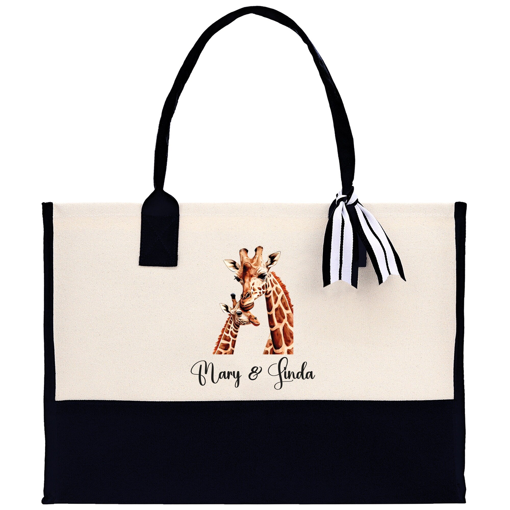 Giraffe Mom And Baby Name Custom Cotton Canvas Tote Bag Custom Pet Lover Gift Pet Portrait Bag Personalized Pet Owner Gift Tote Bag