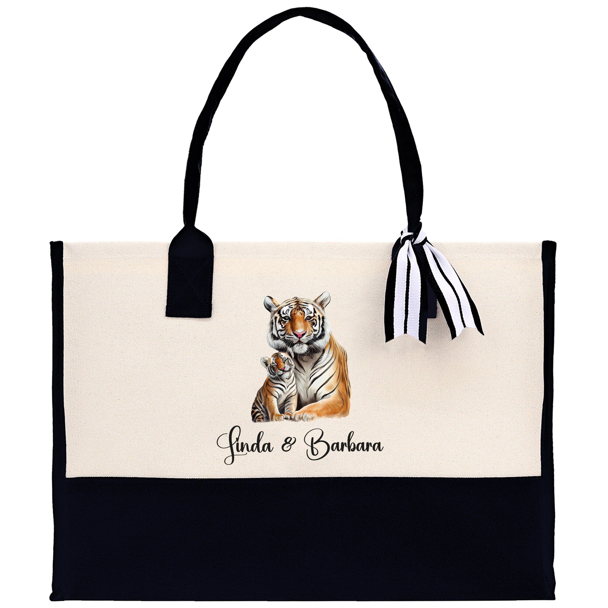 Tiger Mom And Baby Name Custom Cotton Canvas Tote Bag Custom Pet Lover Gift Pet Portrait Bag Personalized Pet Owner Gift Tote Bag