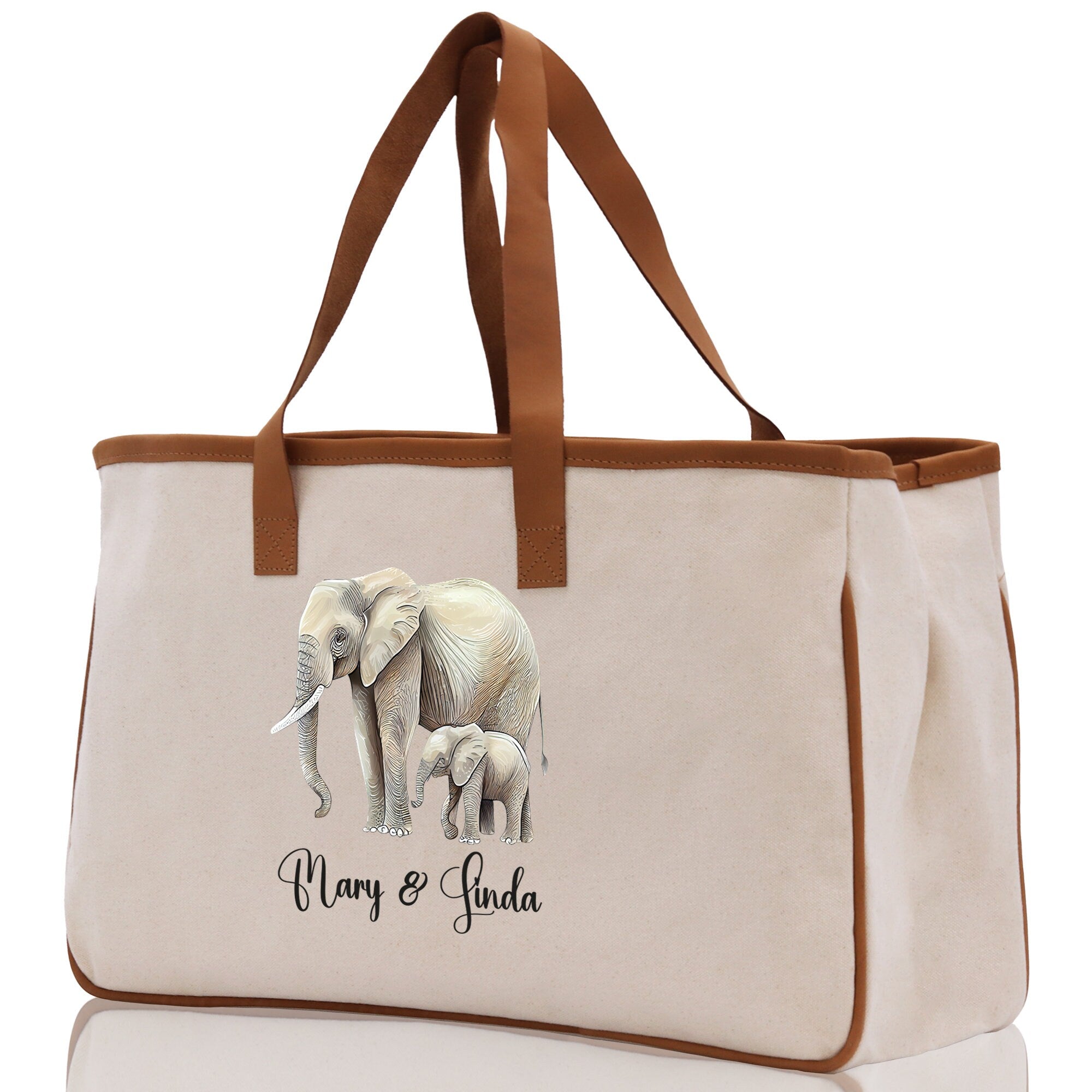 Elephant Mom And Baby Name Custom Cotton Canvas Tote Bag Custom Pet Lover Gift Pet Portrait Bag Personalized Pet Owner Gift Tote Bag