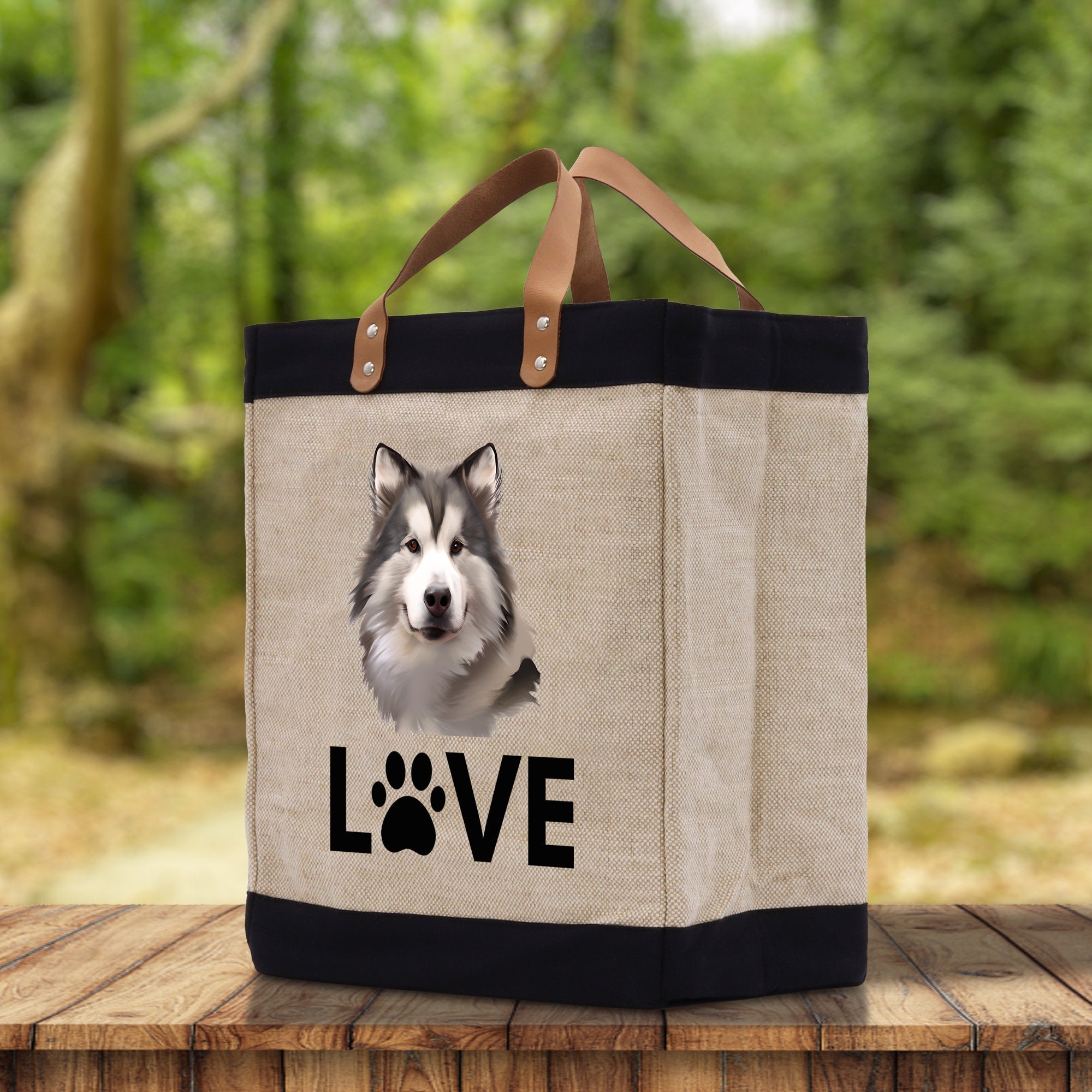 Alaskan Malamute Love Dog Jute Canvas Tote Funny Farmer Market Bag Quote Jute Bag Shopping Bag Burlap Bag Dog Owner Gift