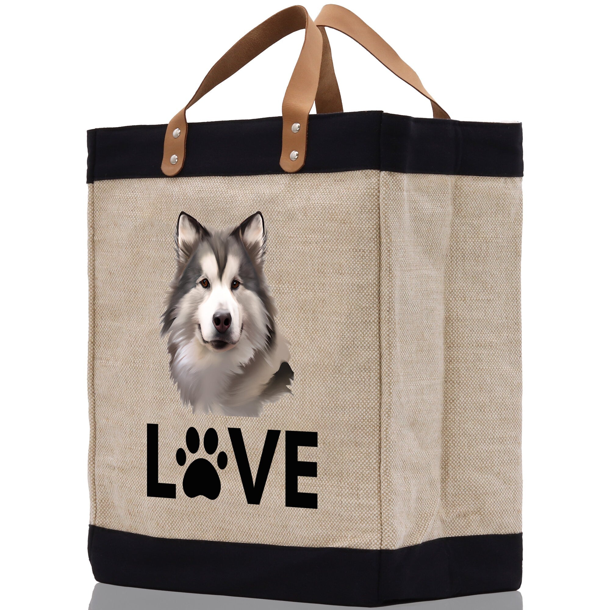 Alaskan Malamute Love Dog Jute Canvas Tote Funny Farmer Market Bag Quote Jute Bag Shopping Bag Burlap Bag Dog Owner Gift