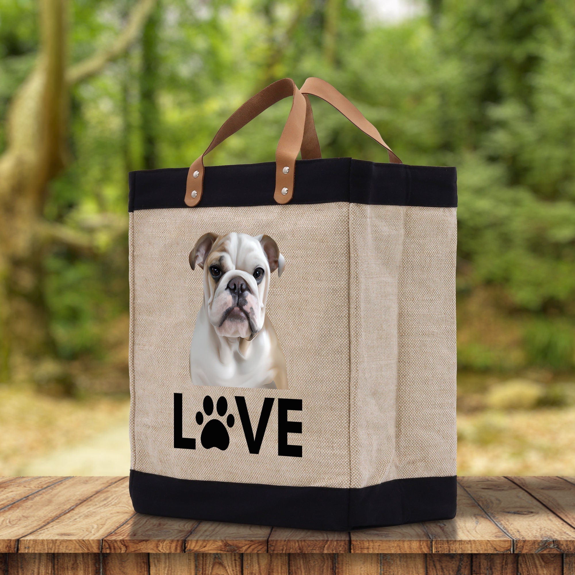 Bulldog Love Dog Jute Canvas Tote Funny Farmer Market Bag Quote Jute Bag Shopping Bag Burlap Bag Dog Owner Gift