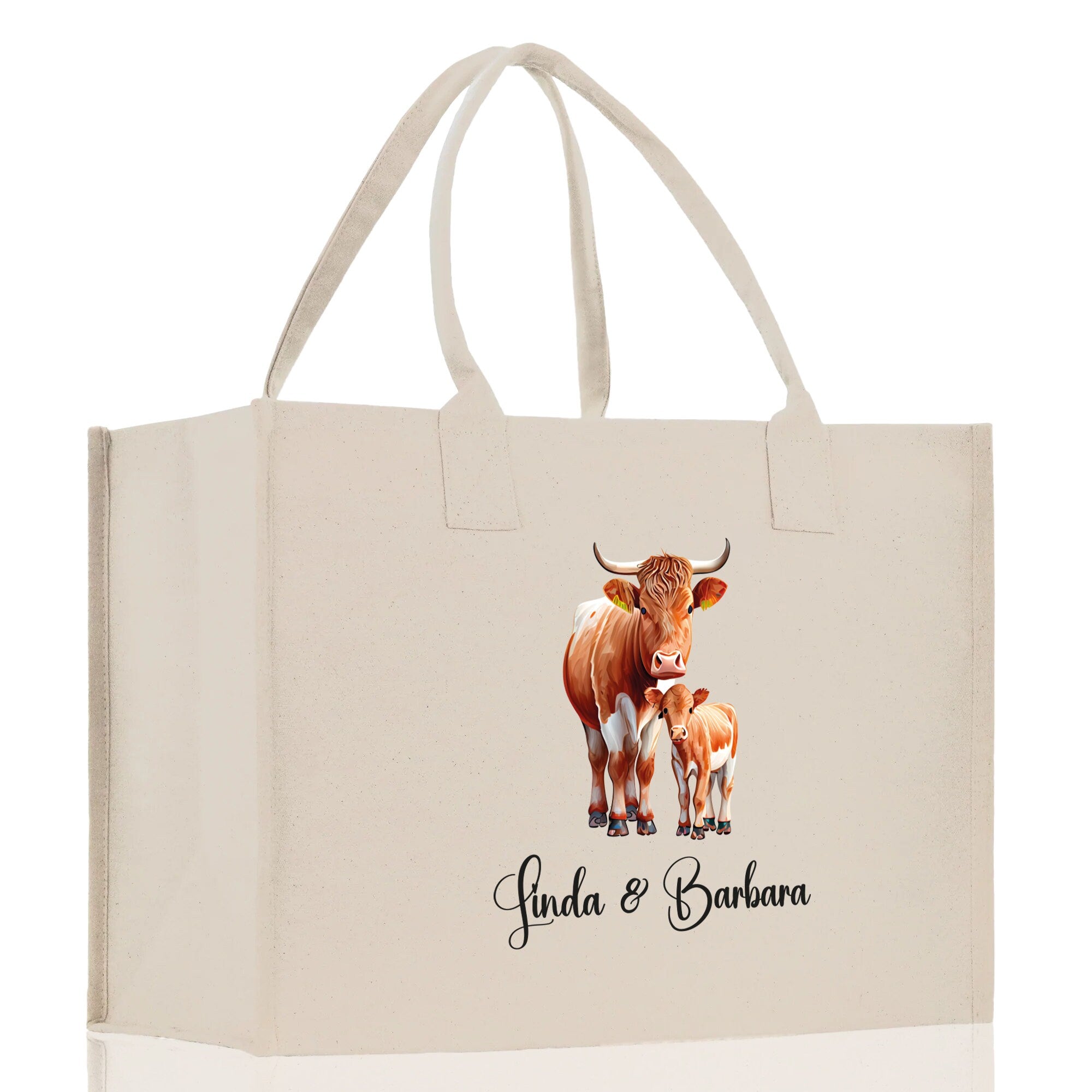 Cow Mom And Baby Name Custom Cotton Canvas Tote Bag Custom Pet Lover Gift Pet Portrait Bag Personalized Pet Owner Gift Tote Bag