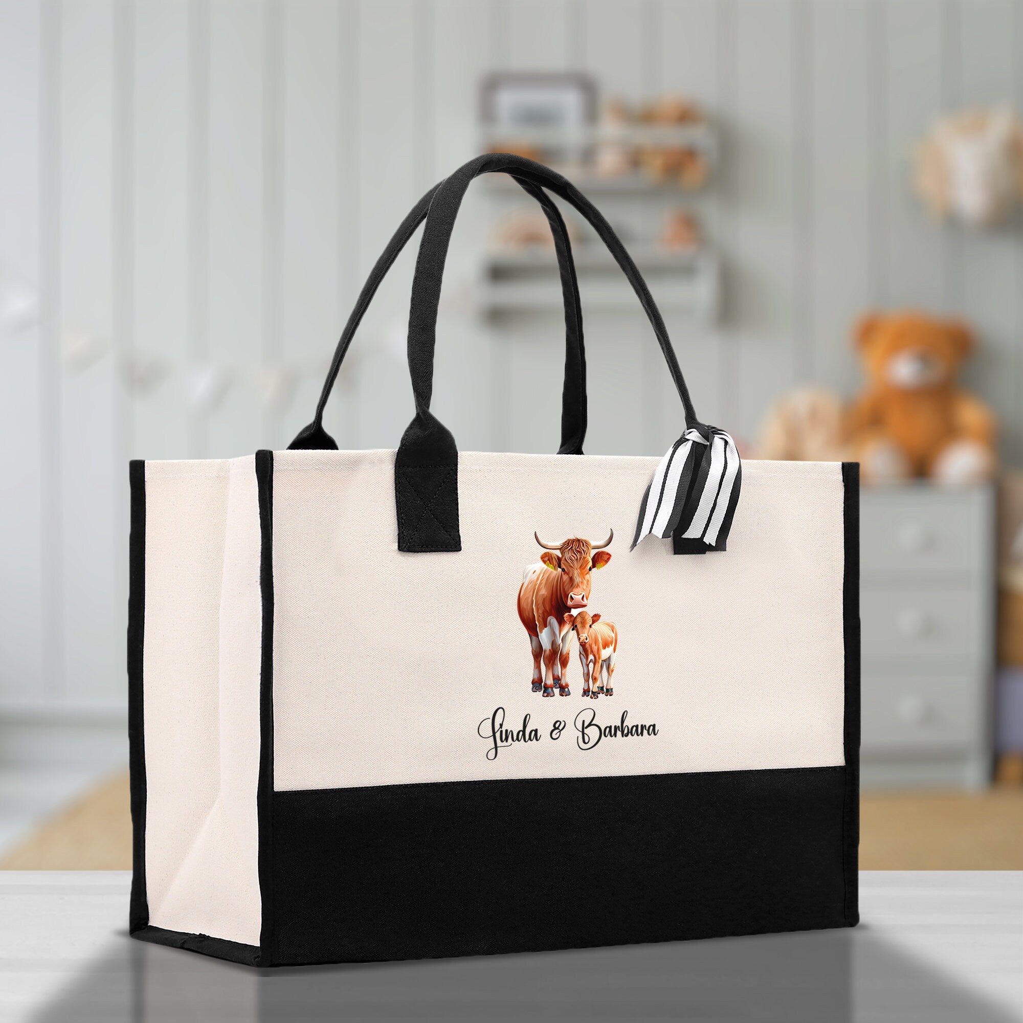 Cow Mom And Baby Name Custom Cotton Canvas Tote Bag Custom Pet Lover Gift Pet Portrait Bag Personalized Pet Owner Gift Tote Bag