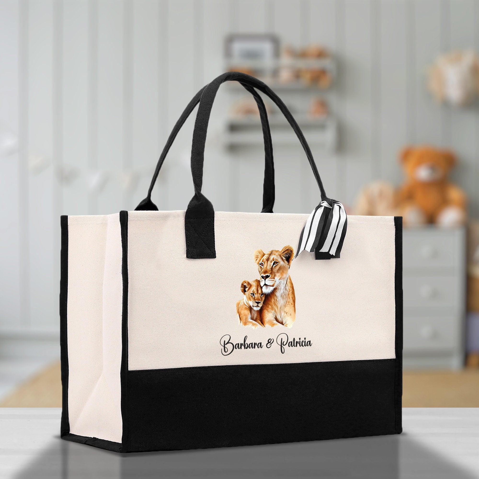 Lion Mom And Baby Name Custom Cotton Canvas Tote Bag Custom Pet Lover Gift Pet Portrait Bag Personalized Pet Owner Gift Tote Bag